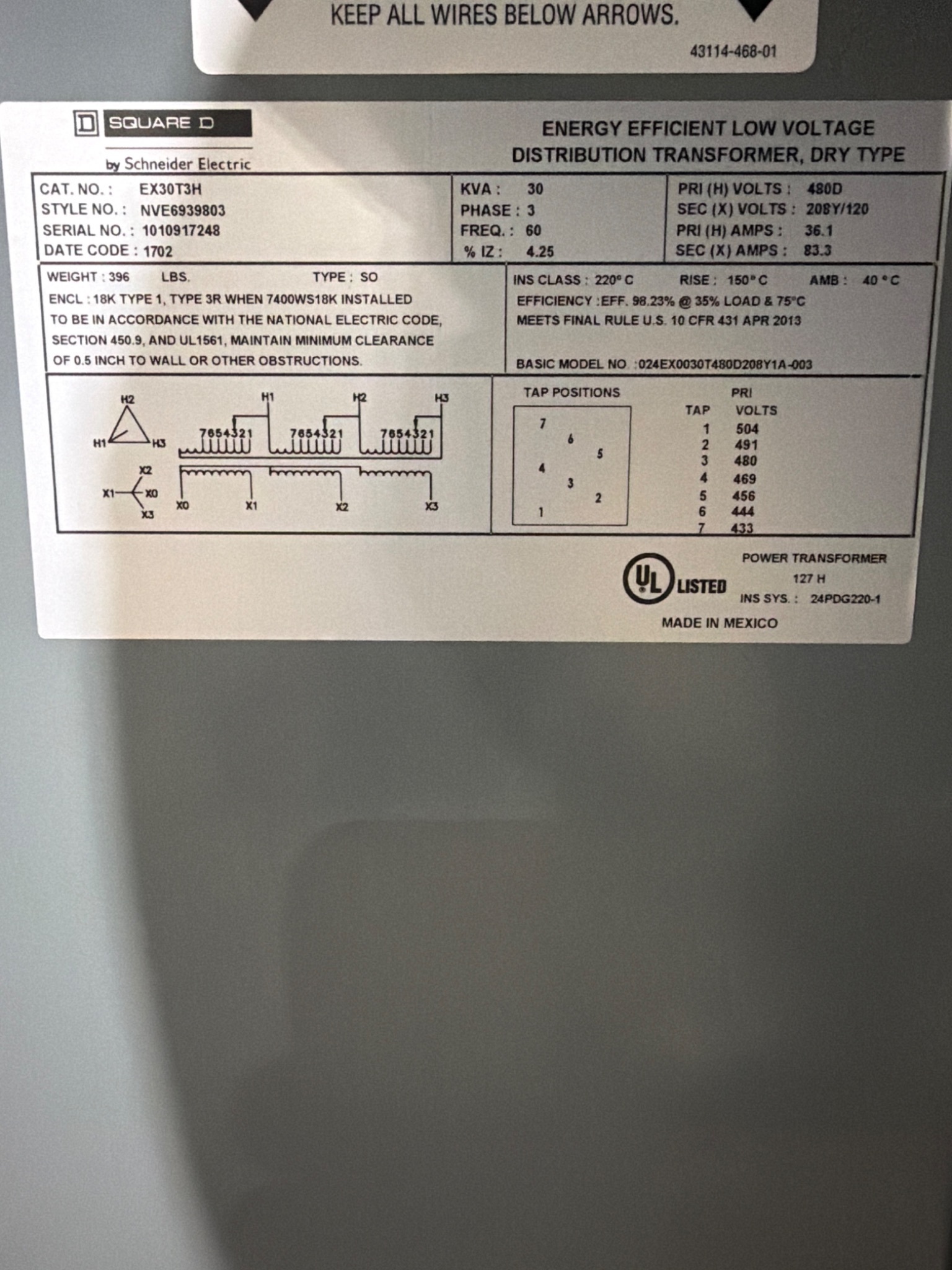 SQUARE D EX30T3H 30kVA Dry‑Type Distribution Transformer 480D – 208Y/120V USED 3