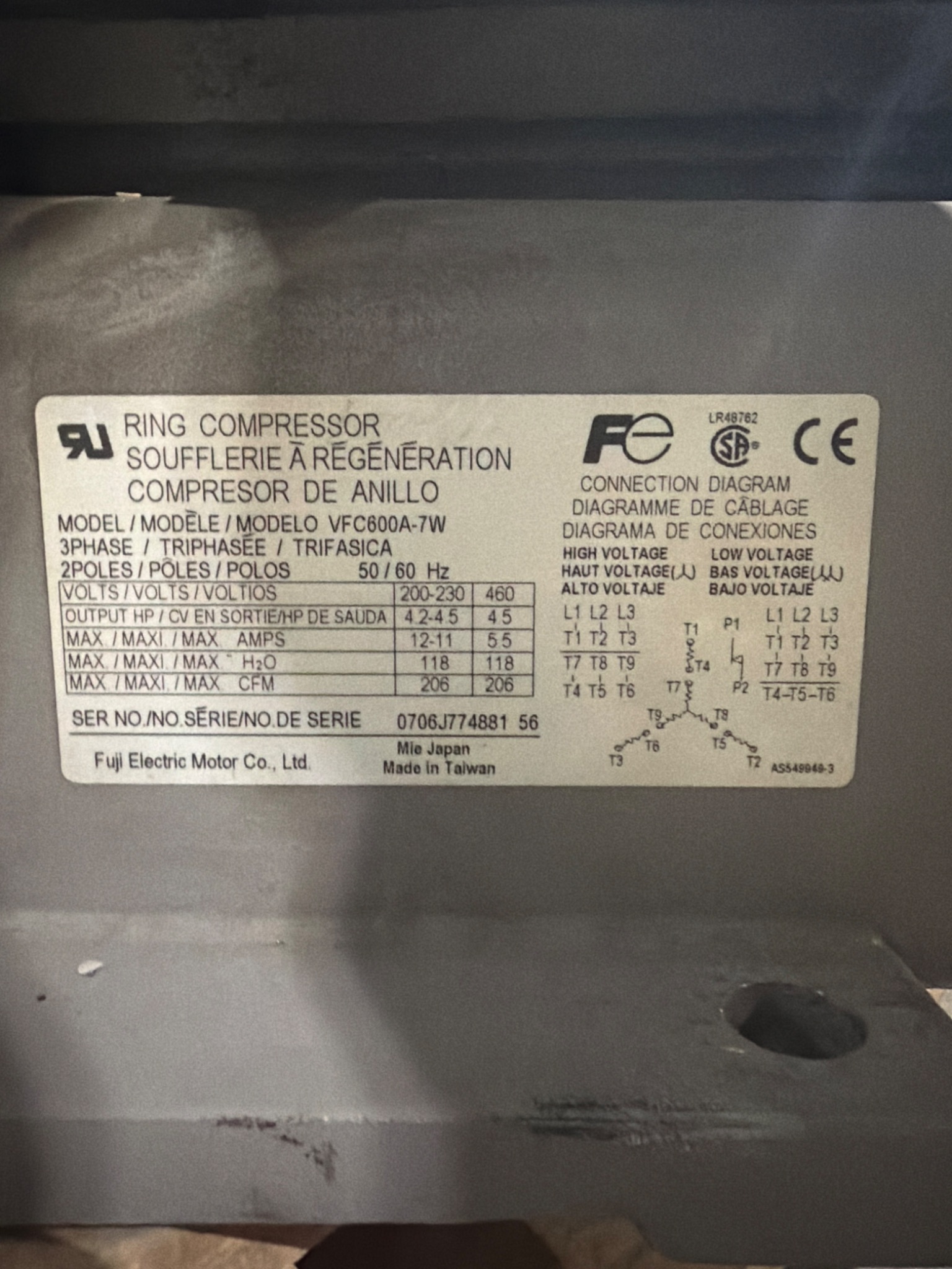 FUJI ELECTRIC VFC600A‑7W 4.5HP Regenerative Blower; USED 4