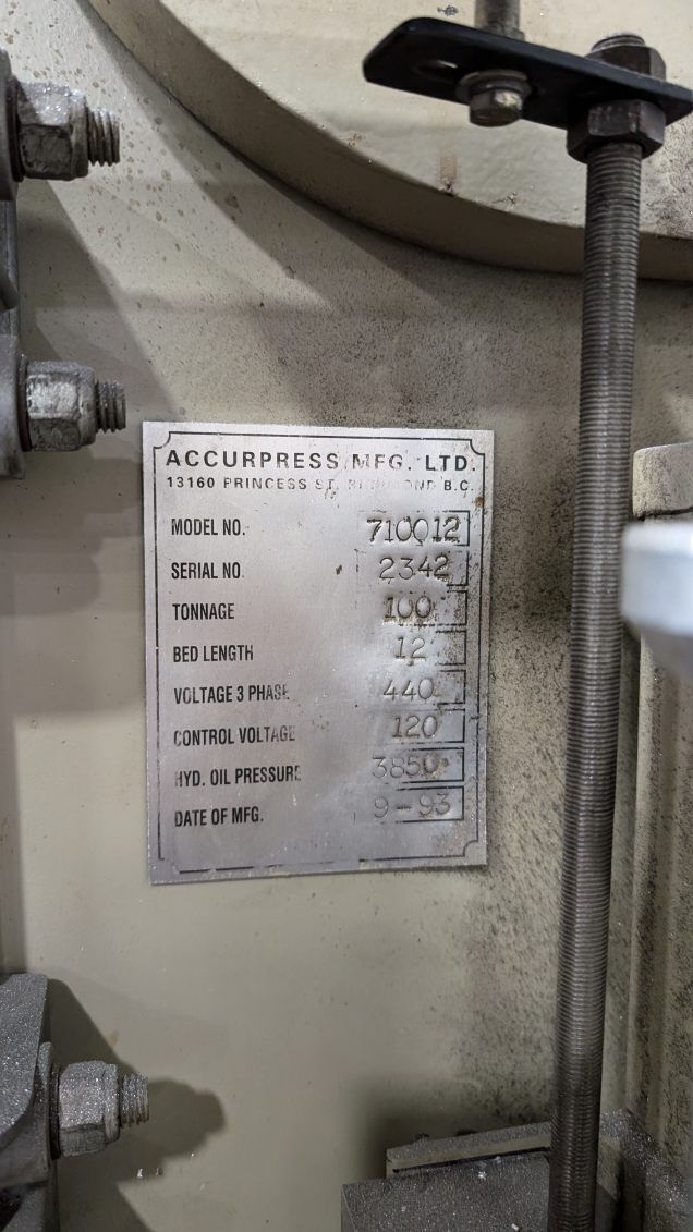 ACCURPRESS 710012 100 Ton x 12' Hydraulic Press Brake w/ Tooling USED 7