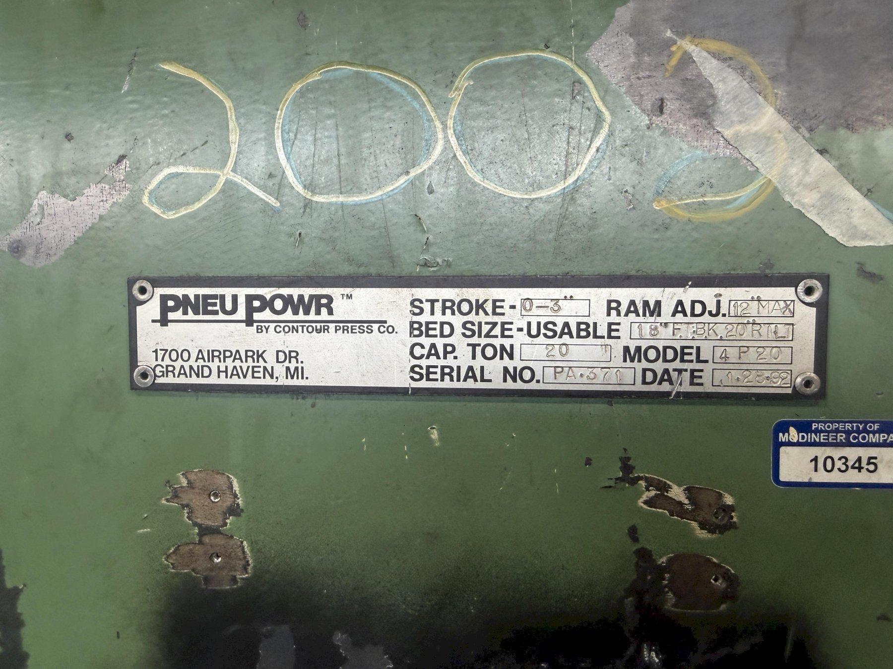 20 TON PNEUPOWR AIRAM MODEL #4P20 PNEUMATIC PRESS 3” STROKE USED 4