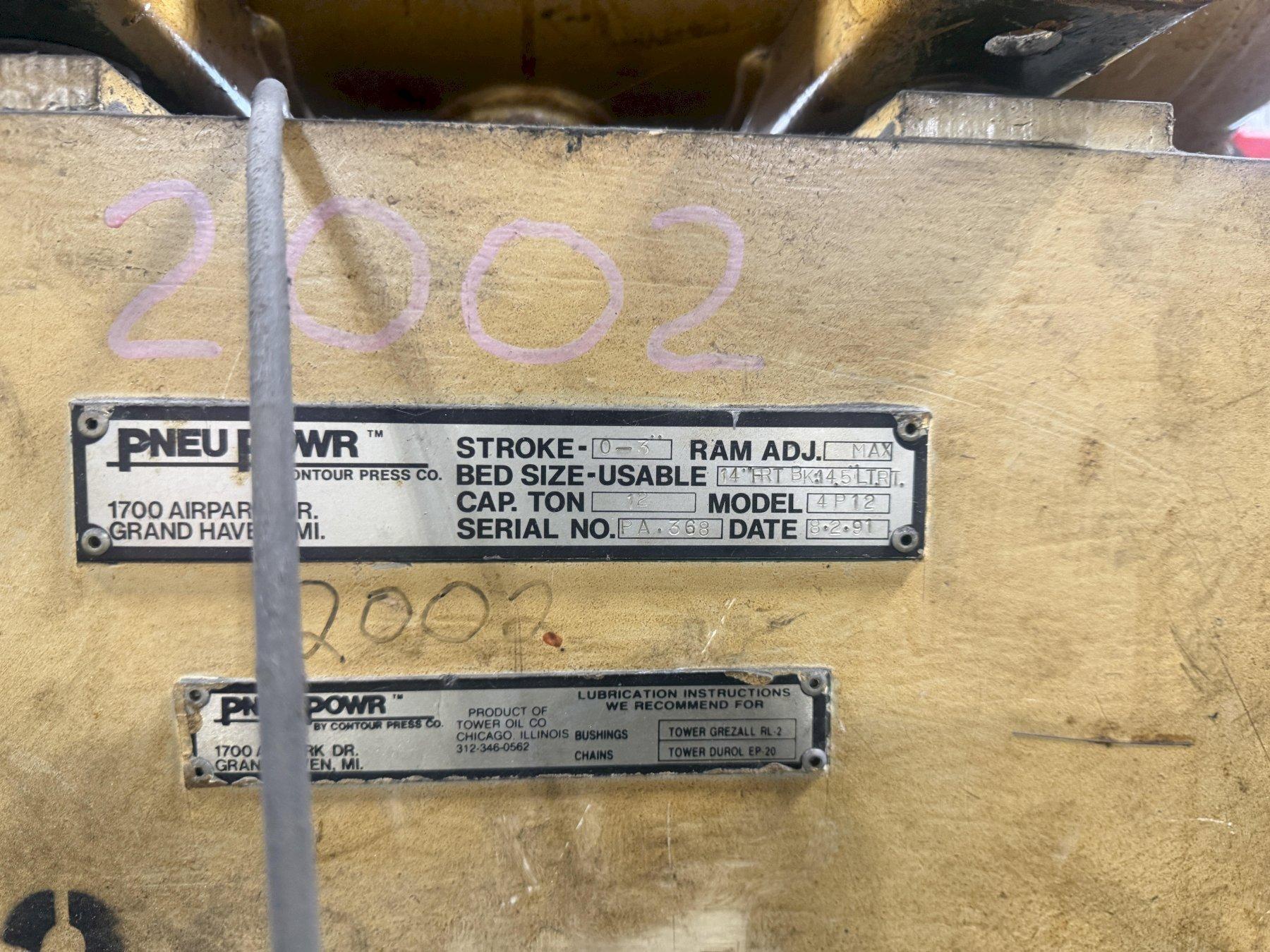 12 TON PNEUPOWR AIRAM MODEL #4P12 PNEUMATIC PRESS 3” STROKE 3
