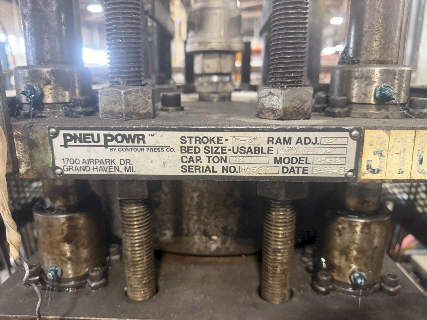 12 TON PNEUPOWR AIRAM MODEL #4P12 PNEUMATIC PRESS 3” STROKE USED 4