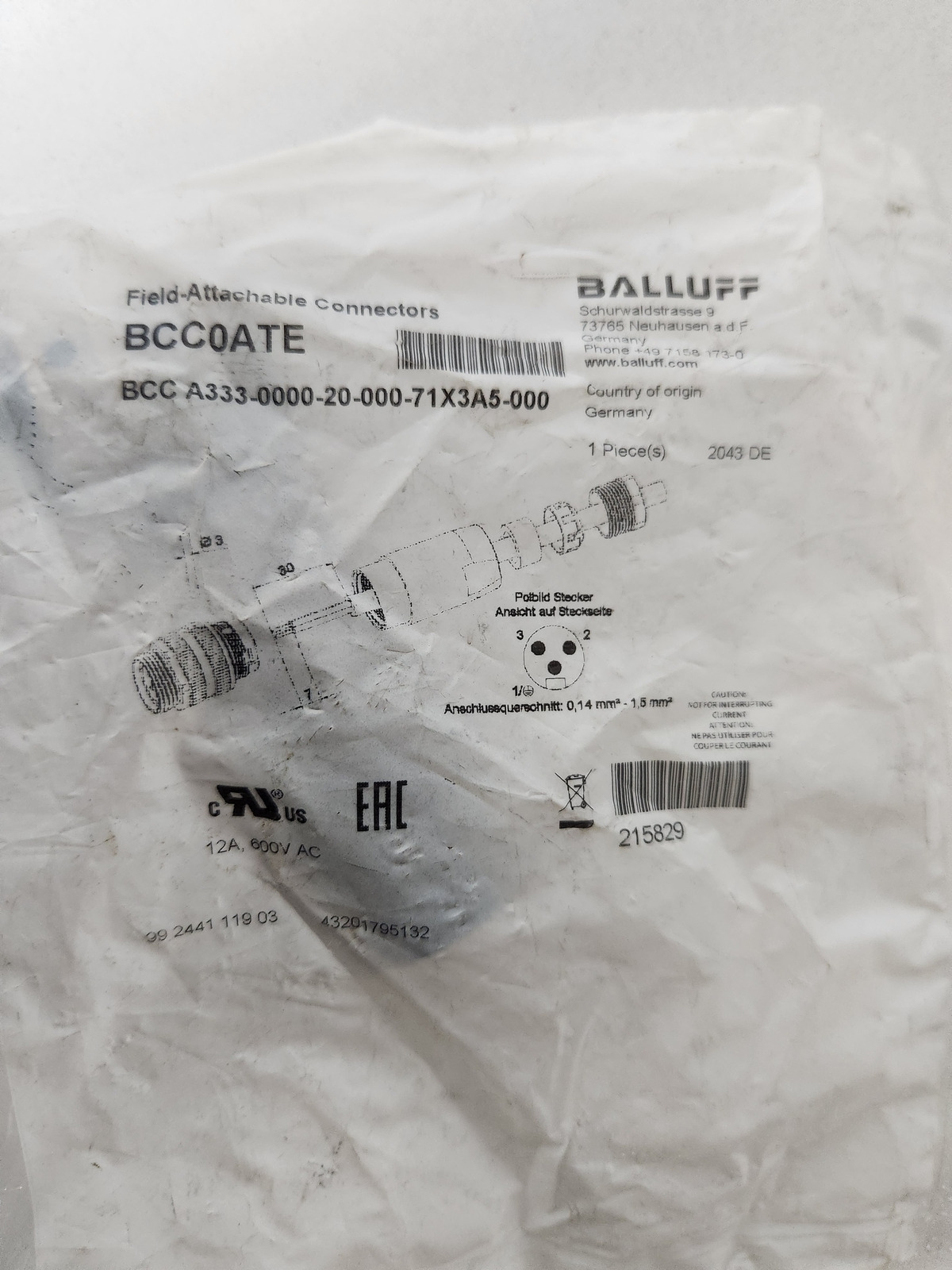 BALLUFF BCC A333‑0000‑20‑000‑71X3A5‑000 Field‑Attachable Connector NEW 0