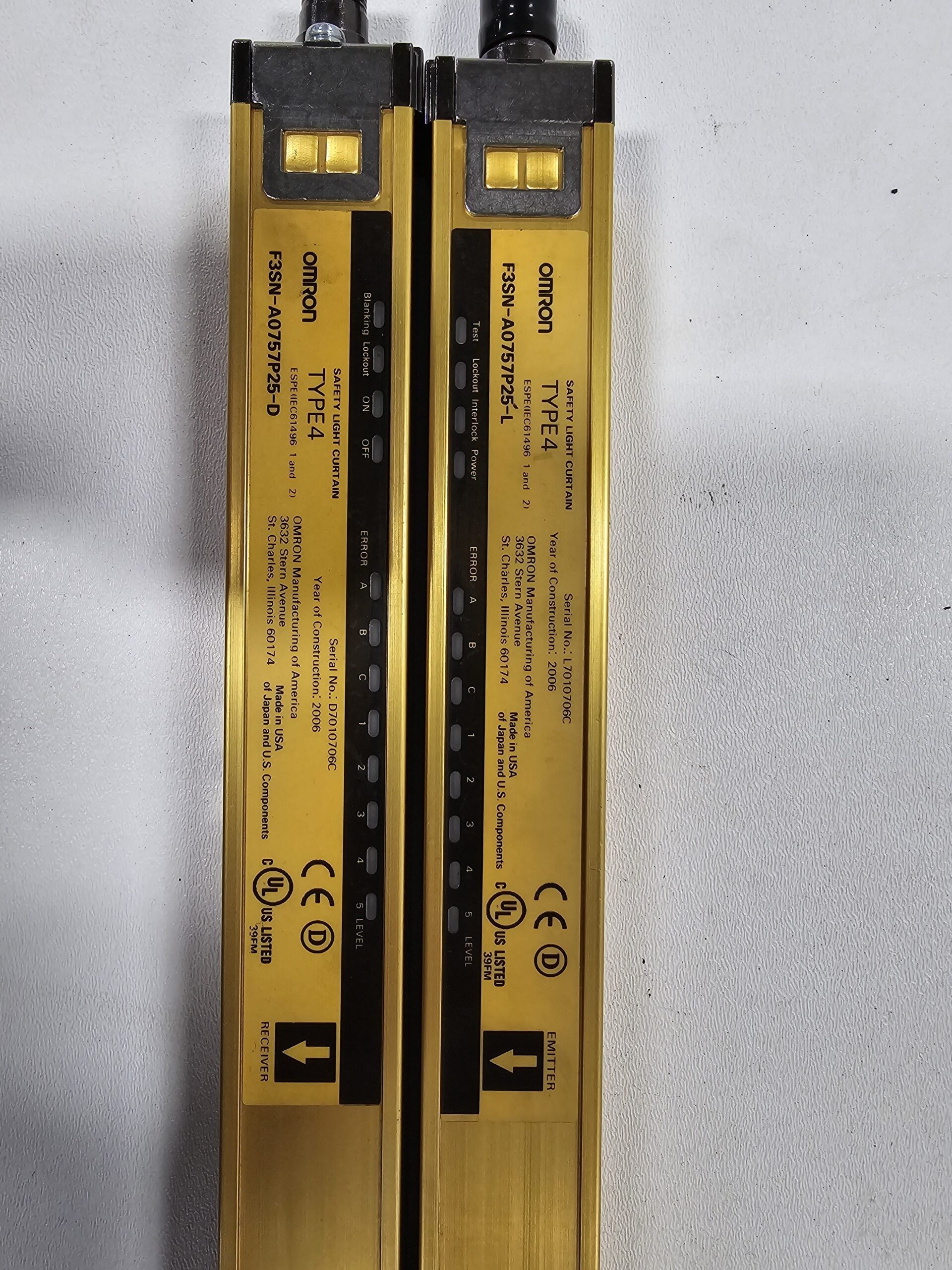 OMRON F3SN‑A0757P25‑L / F3SN‑A0757P25‑D Safety Light Curtain Set USED 2