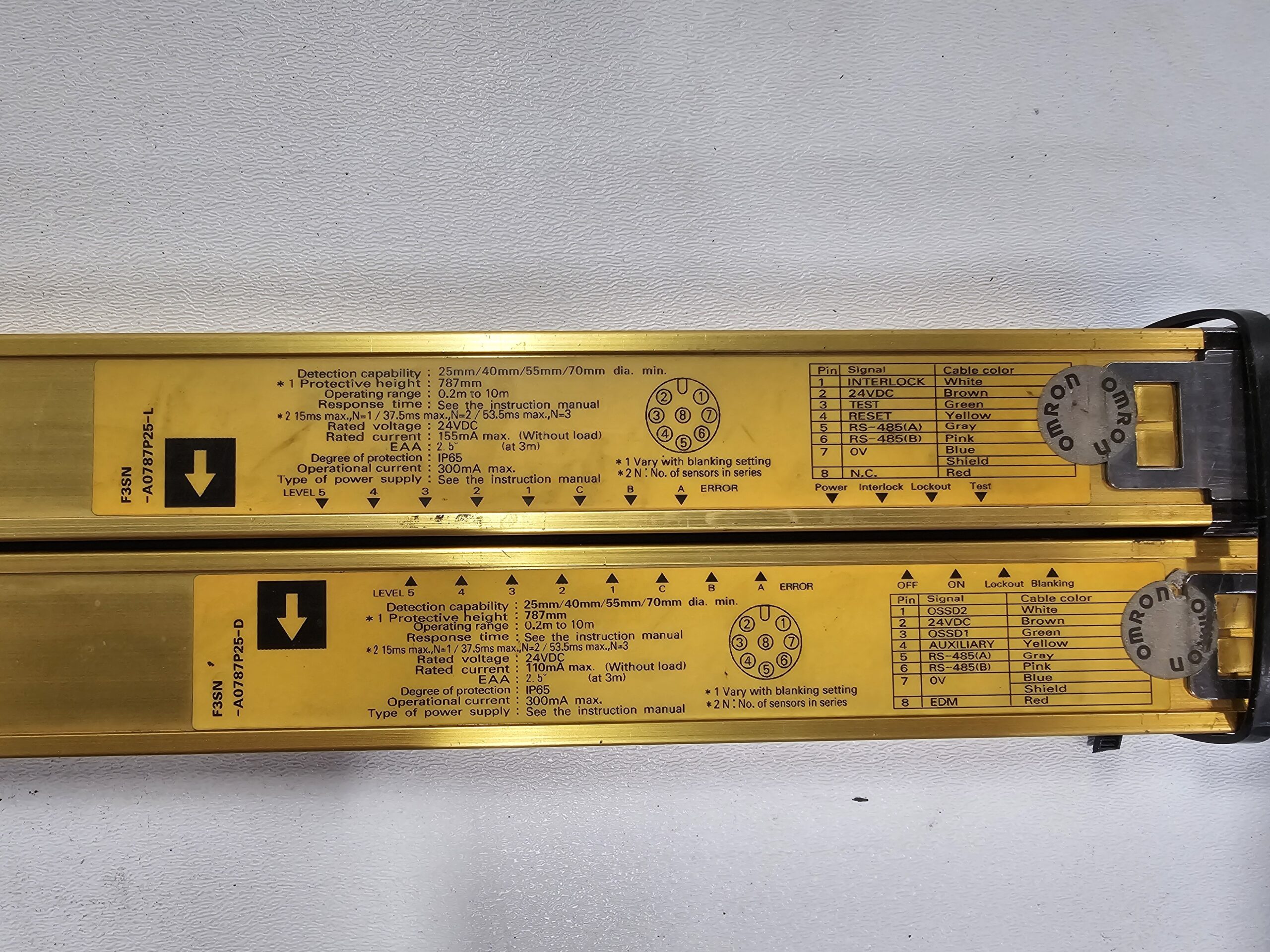 OMRON F3SN‑A0787P25‑L / F3SN‑A0787P25‑D Safety Light Curtain Set USED 2