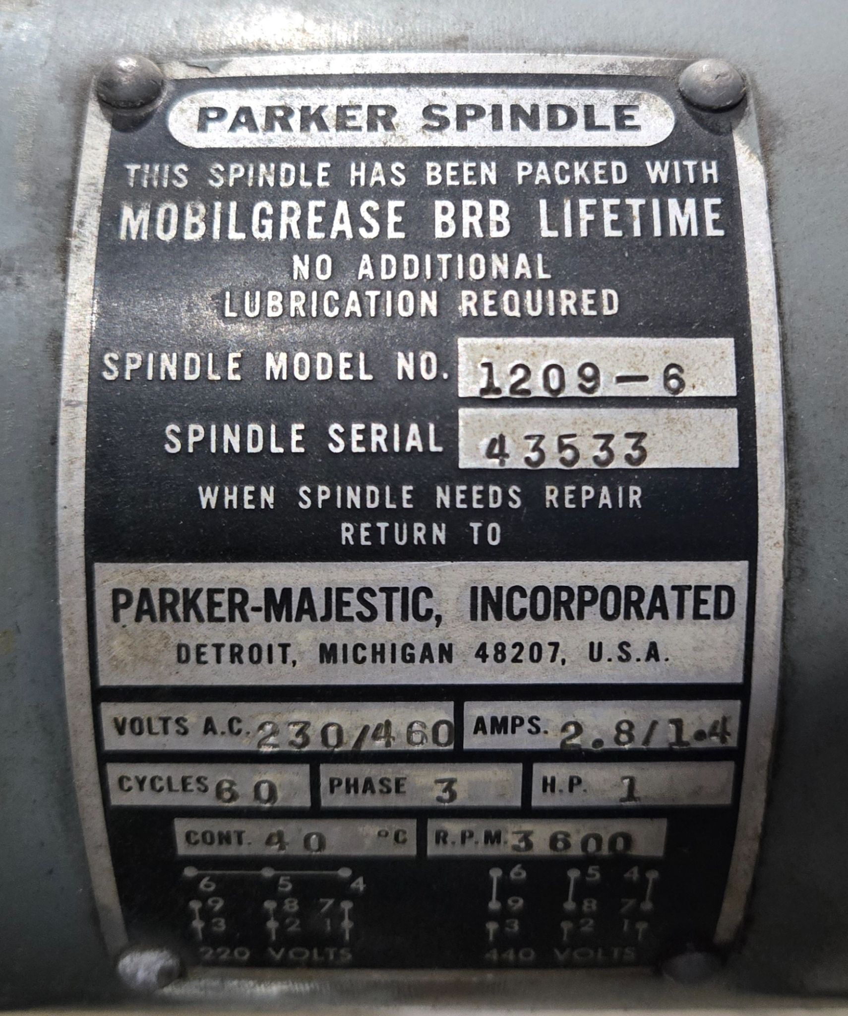 PARKER MAJESTIC 129-6 SURFACE GRINDER 230/460 MOTOR SPINDLE 1209-6 USED 10