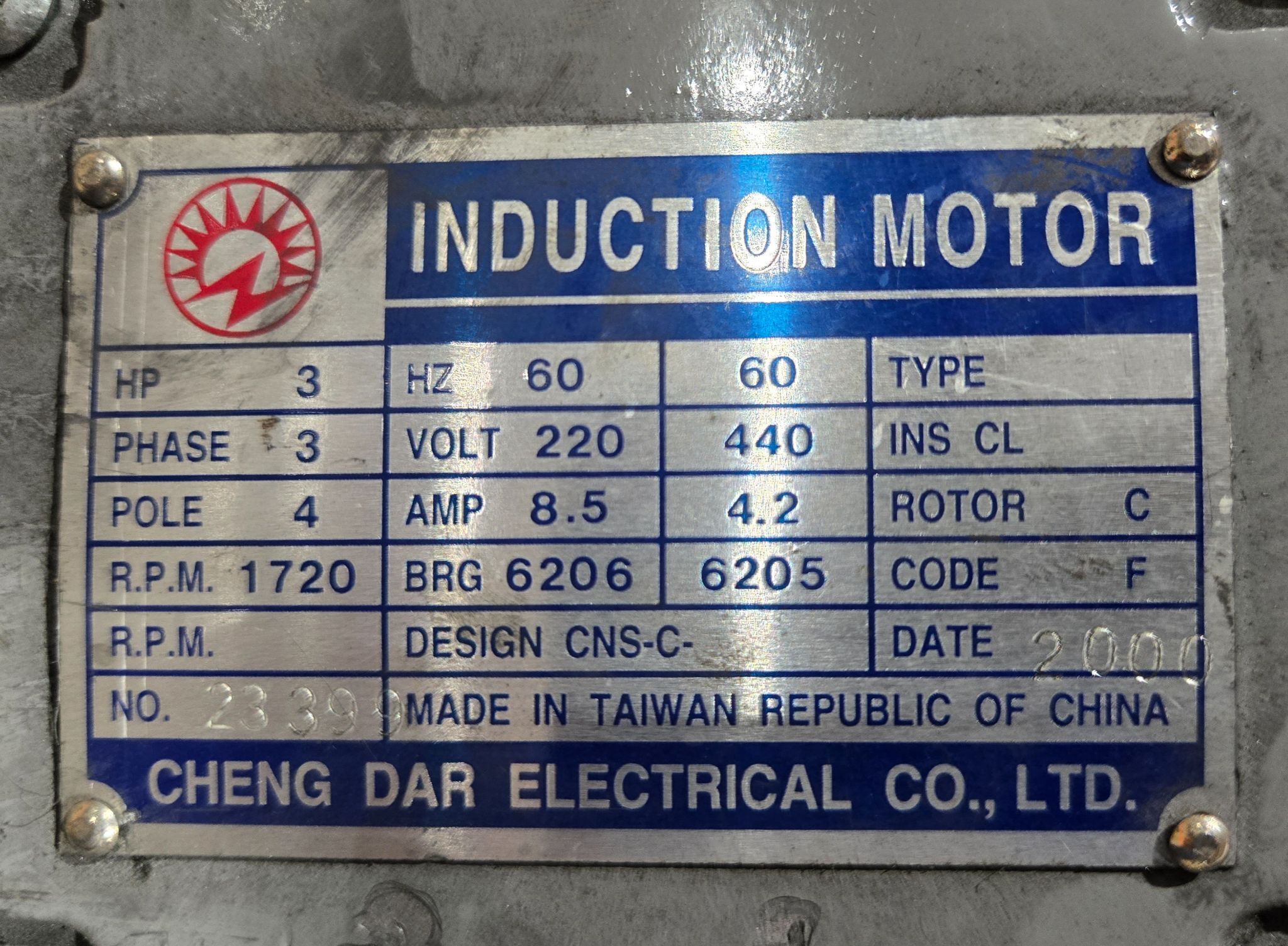 Cheng Dar Electrical 3 HP Induction Motor USED 4