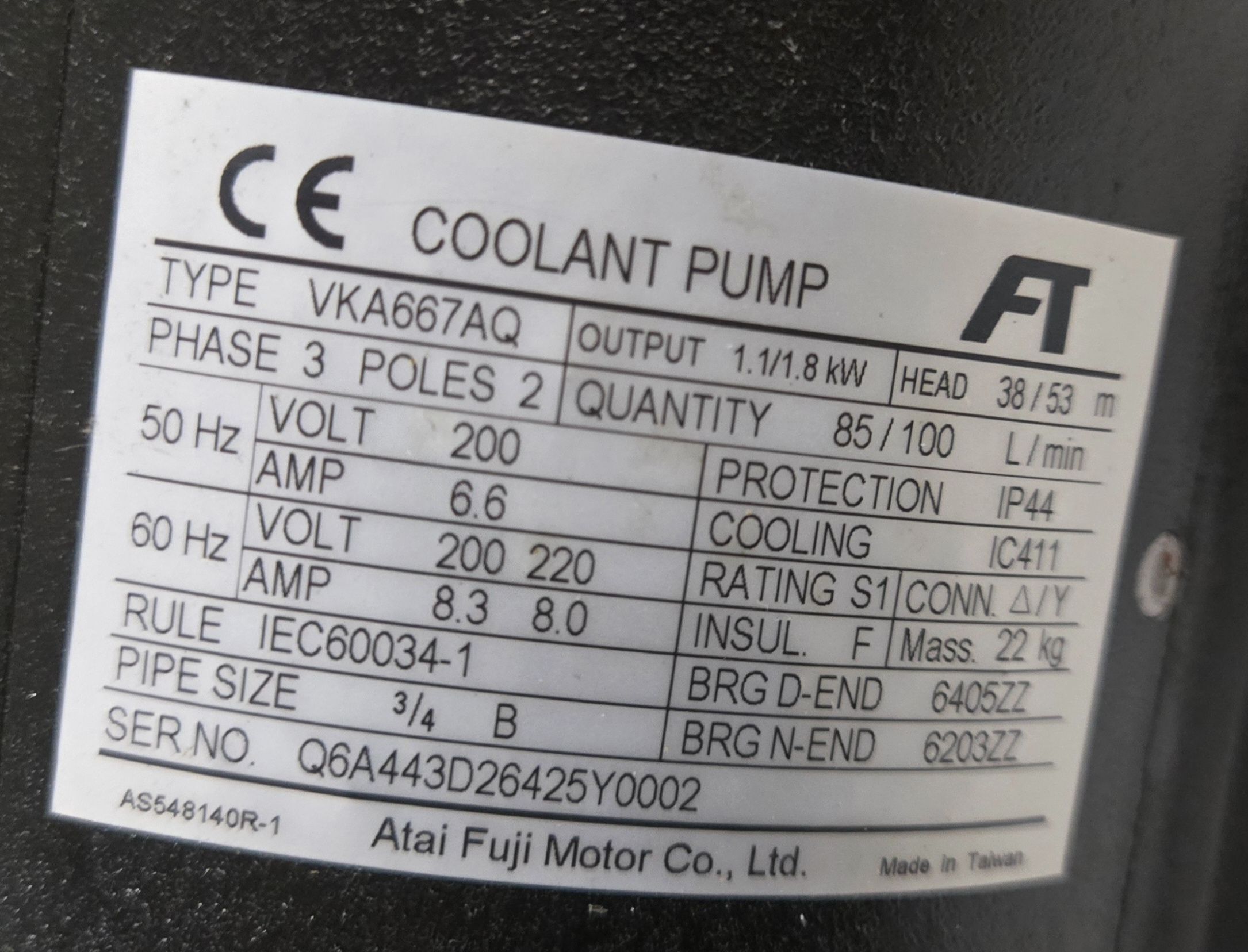 FUJI ELECTRIC VKA667AQ Coolant Pump 1.1 / 1.8 kW NEW 3