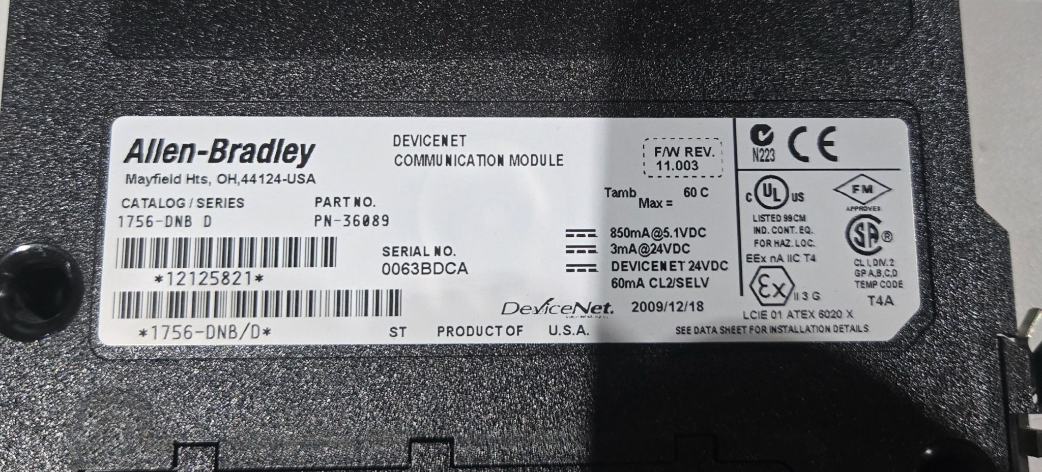 ALLEN BRADLEY 1756-DNB/D DEVICENET COMMUNICATIONS MODULE USED 2