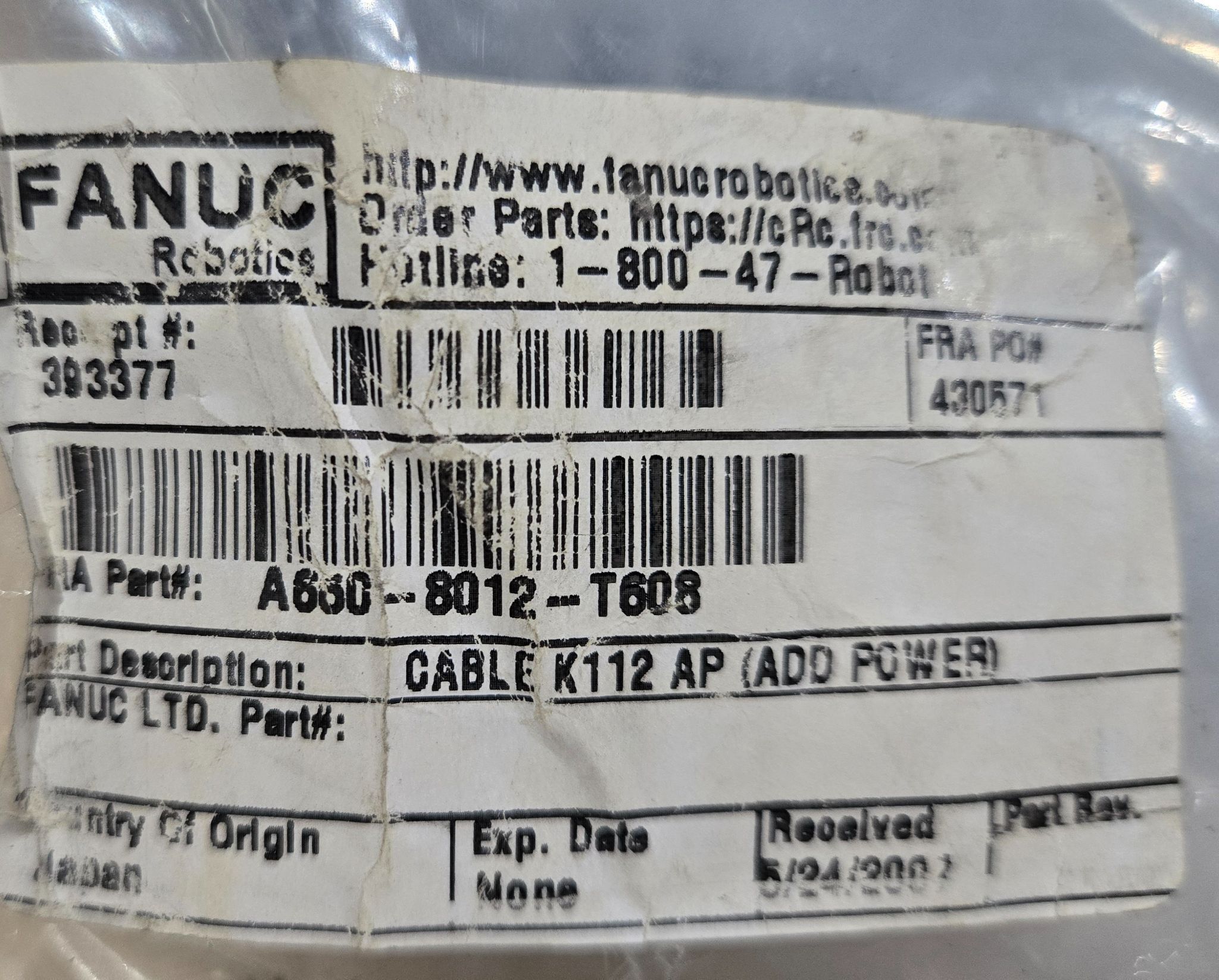 FANUC A660‑8012‑T608 Power Cable USED 4