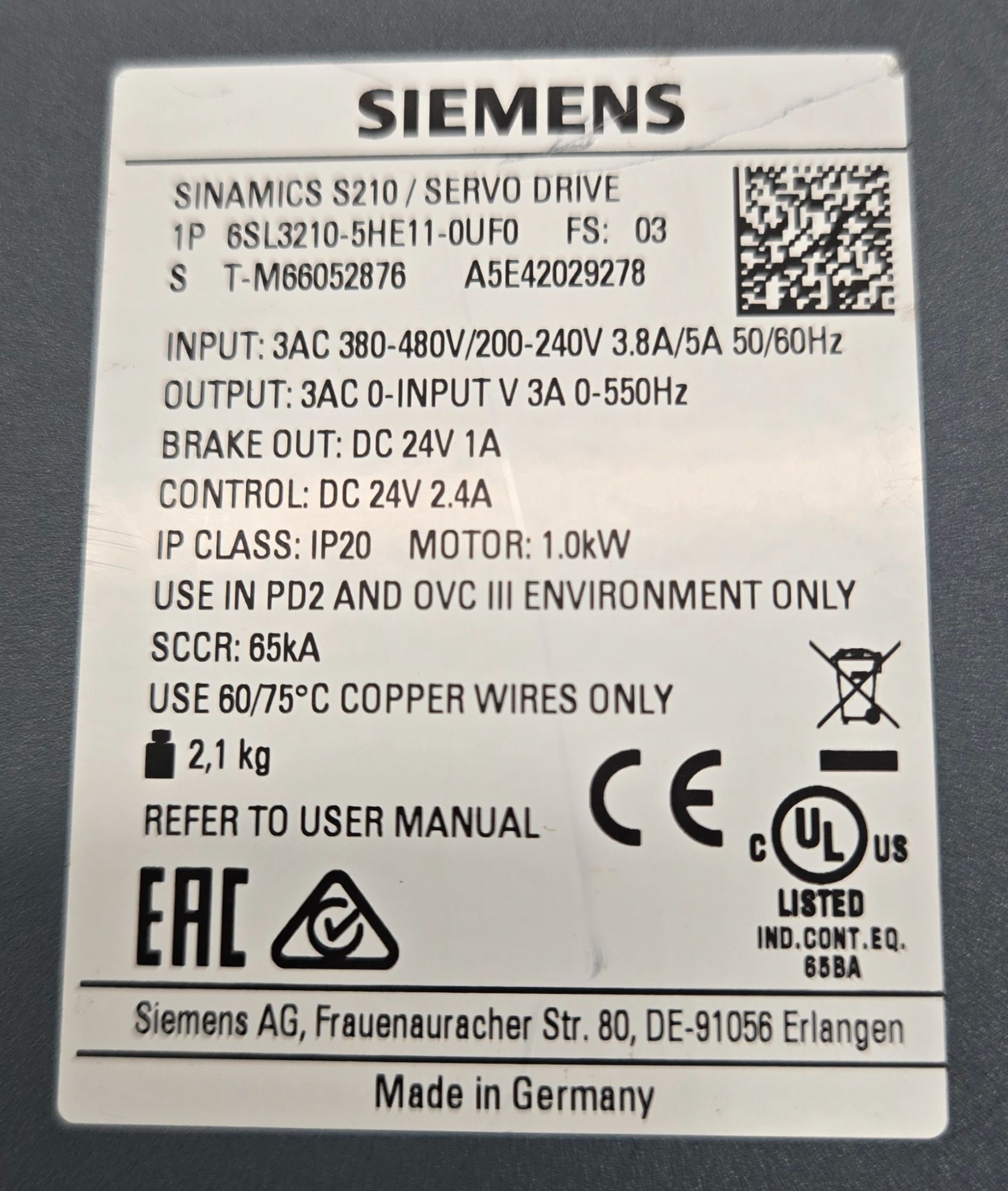 SIEMENS 6SL3210-5HE11-0UF0 FS:3 SINAMICS S210 SERVO DRIVE USED 4