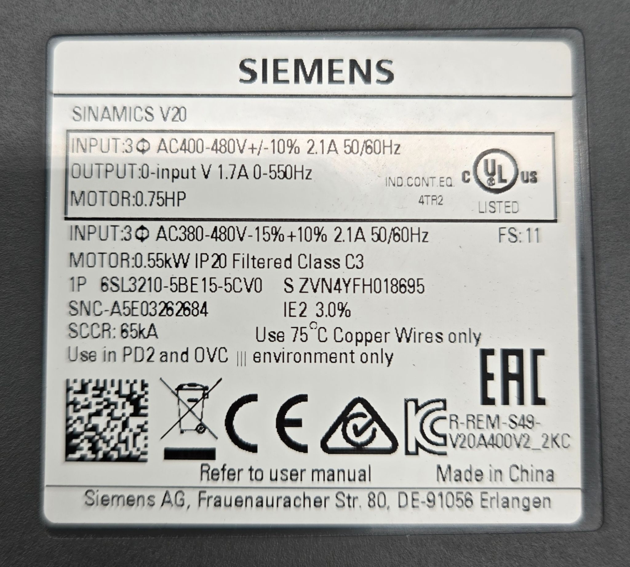 SIEMENS 6SL3210‑5BE15‑5CV0 SINAMICS V20 VFD USED 4