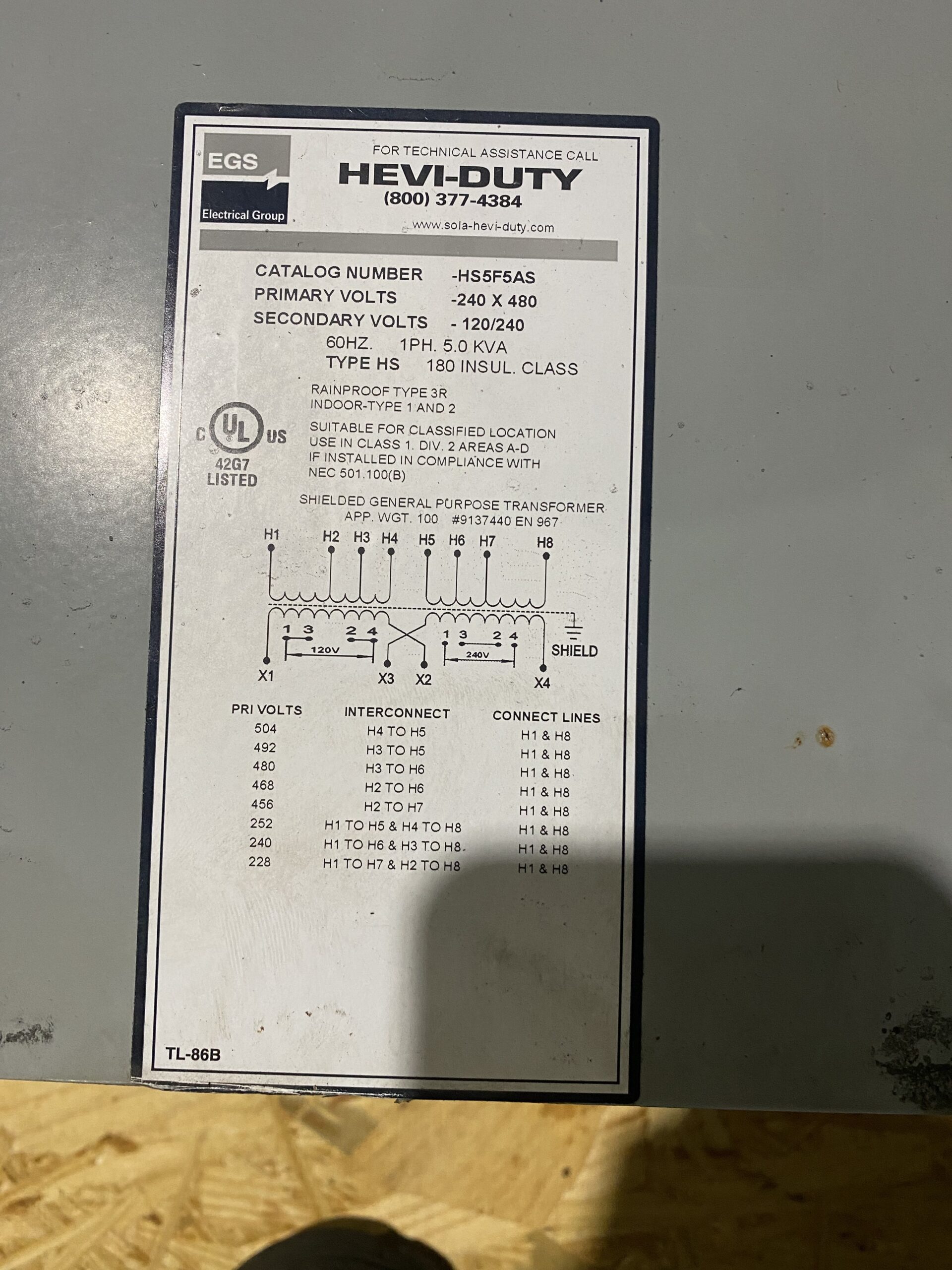 SolaHD - HS5F5AS Transformer 240X480V - 120/240V, 5 kVA USED 1