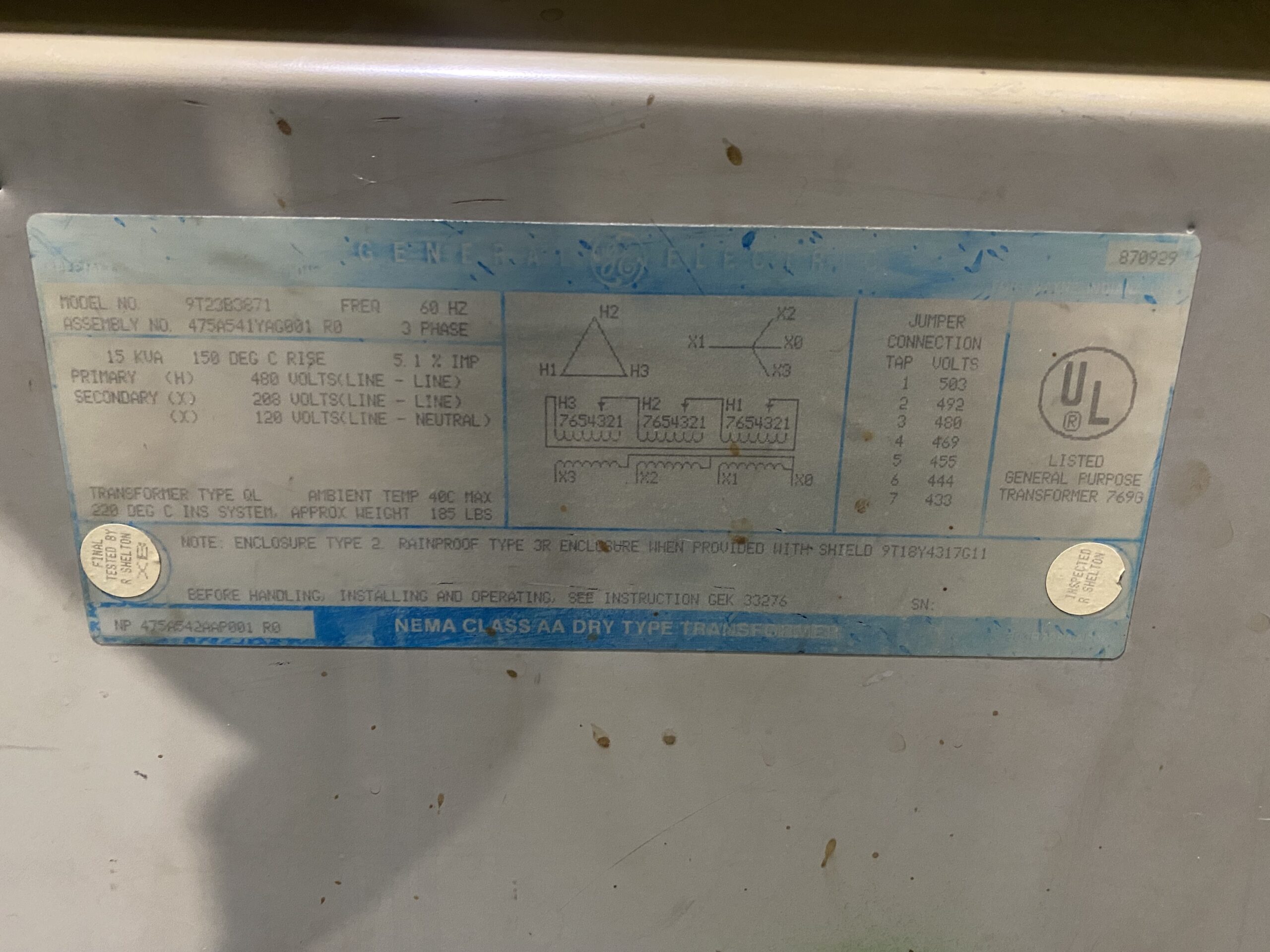 GENERAL ELECTRIC 9T23B3871 15 kVA Dry Type Transformer USED 3