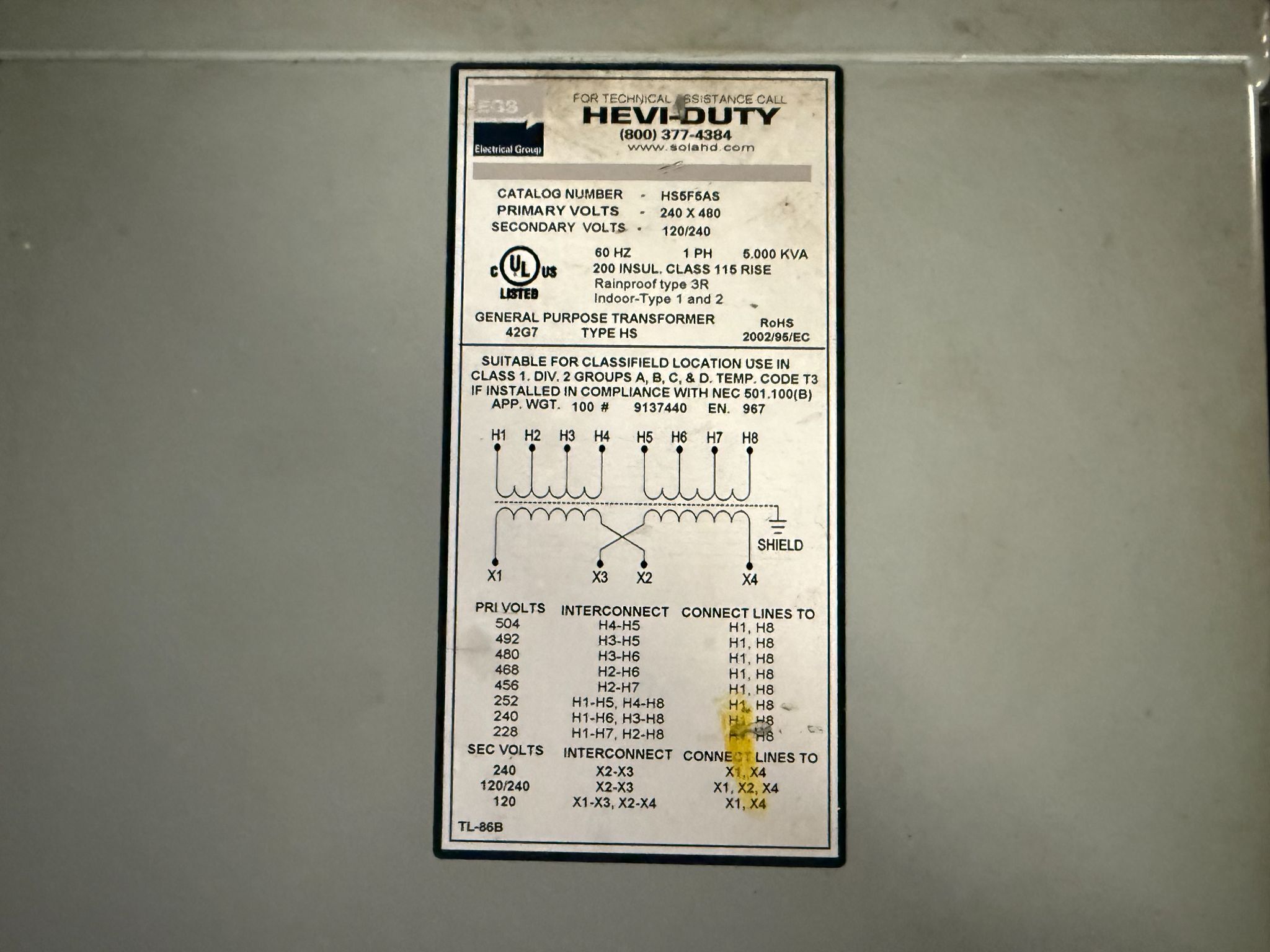 EGS HS5F5AS Transformer 240 X 480V - 120/240V 1PH, 5 kVa USED 3