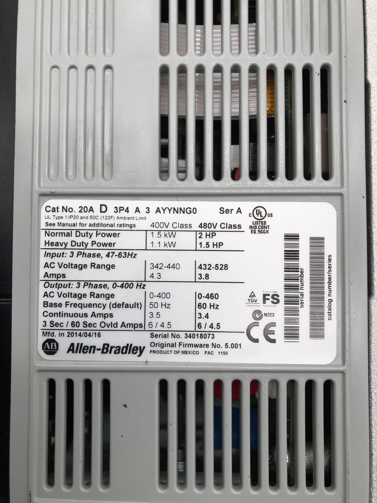 ALLEN‑BRADLEY 20AD3P4A3AYYNNG0 PowerFlex 70 AC Drive USED 2