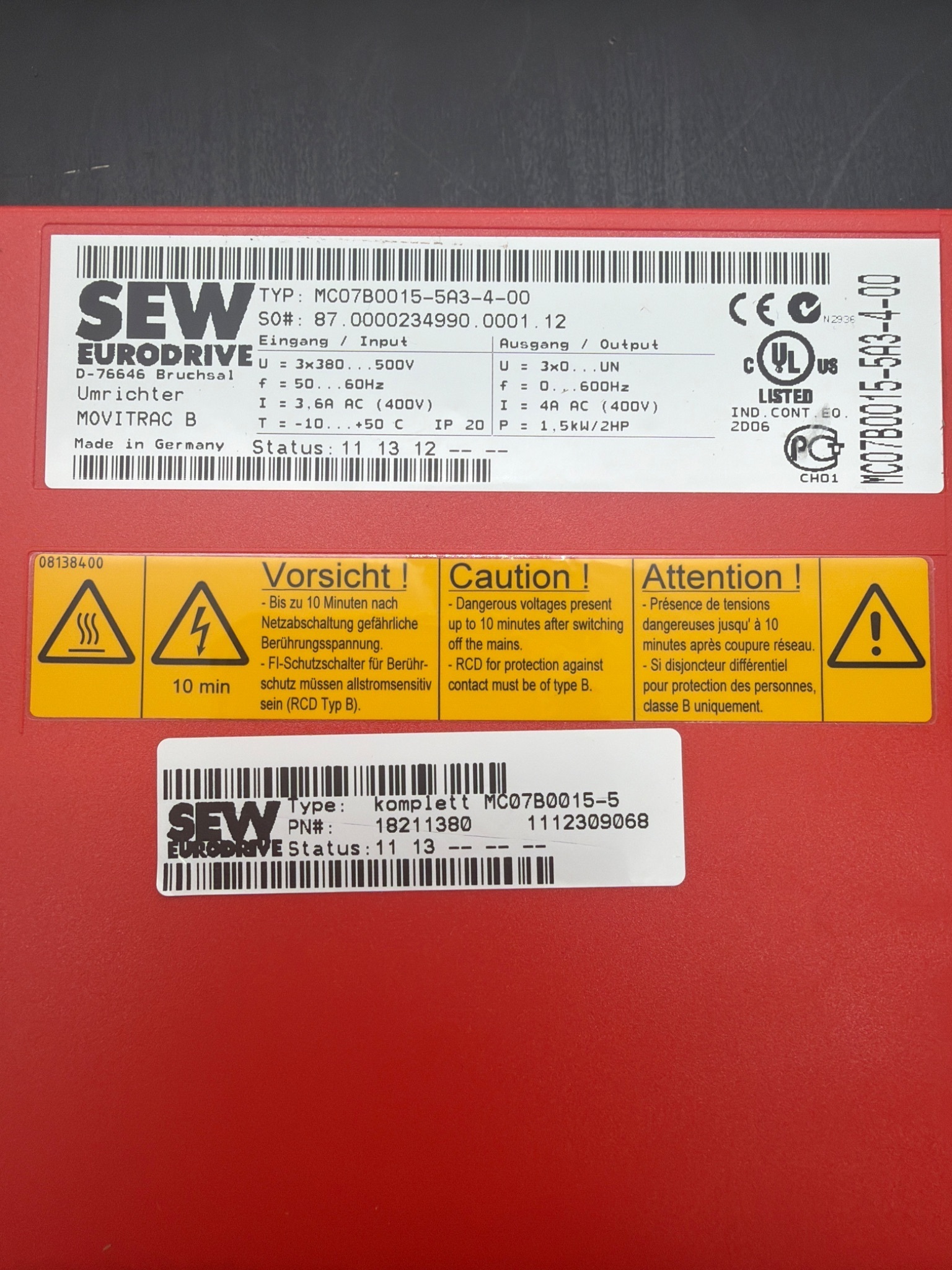 SEW‑EURODRIVE MC07B0015‑5A3‑4‑00 MOVITRAC® B AC Drive NEW 3