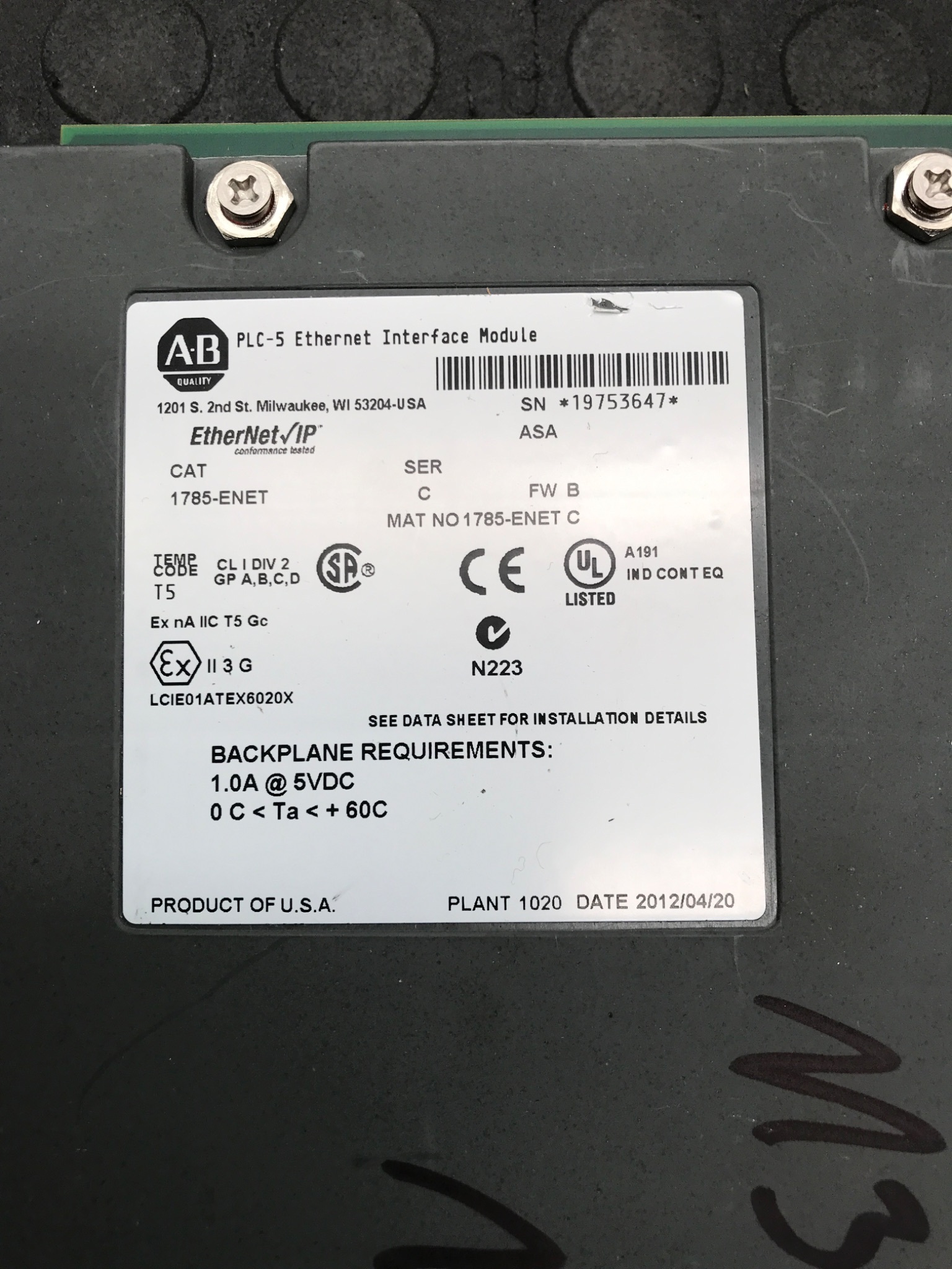 ALLEN‑BRADLEY 1785‑ENET PLC‑5 Ethernet Interface Module USED 2