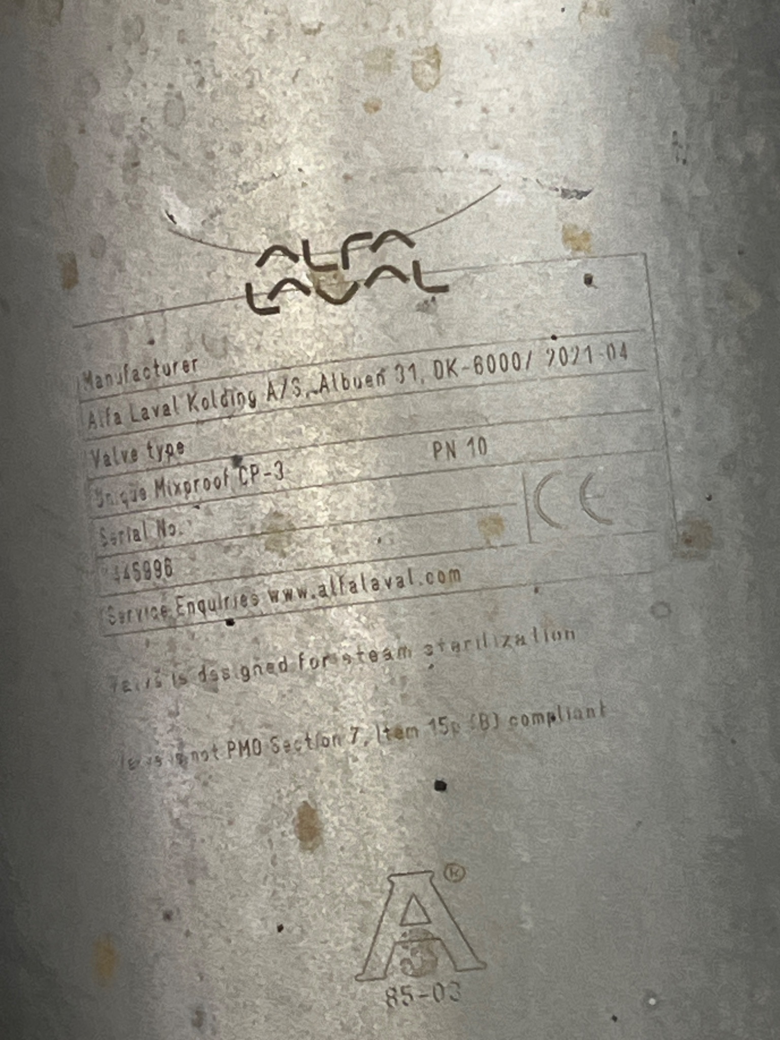 ALFA LAVAL CP‑3 PN10 Mixproof 3‑Way Valve USED 6