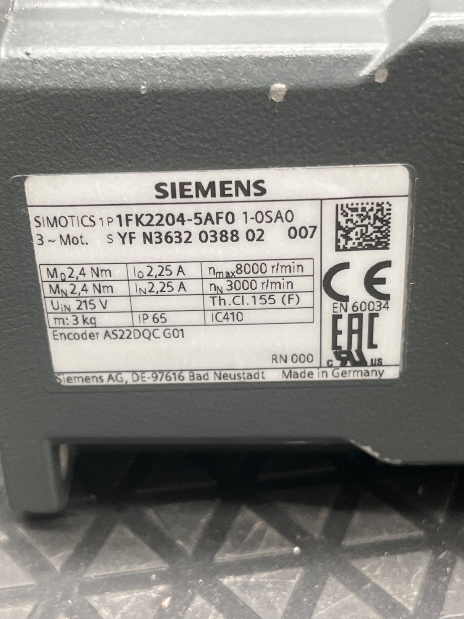 SIEMENS 1FK2204‑5AF0‑1‑0SA0 SIMOTICS S Servo Motor NEW 5