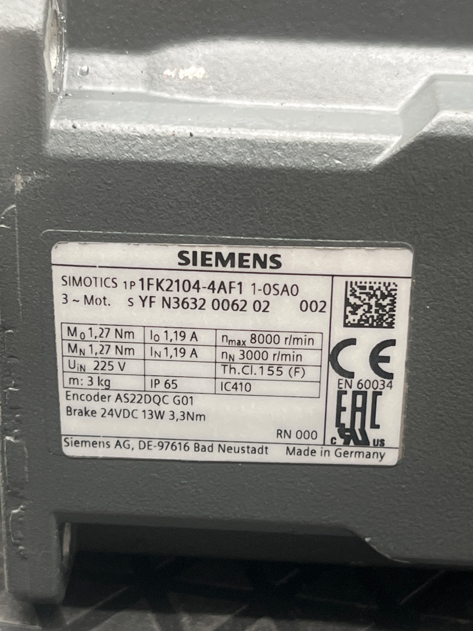 SIEMENS 1FK2204‑4AF1‑1‑0SA0 SIMOTICS S Servo Motor NEW 4