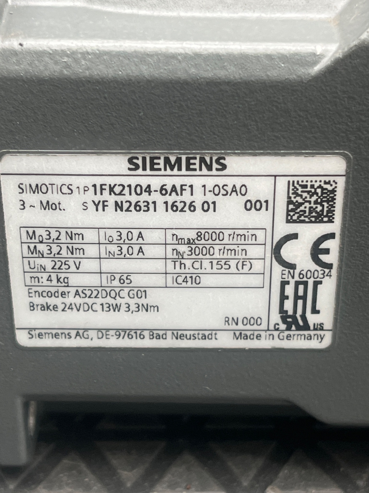SIEMENS 1FK2104‑6AF11‑0SA0 SIMOTICS S Servo Motor NEW 5