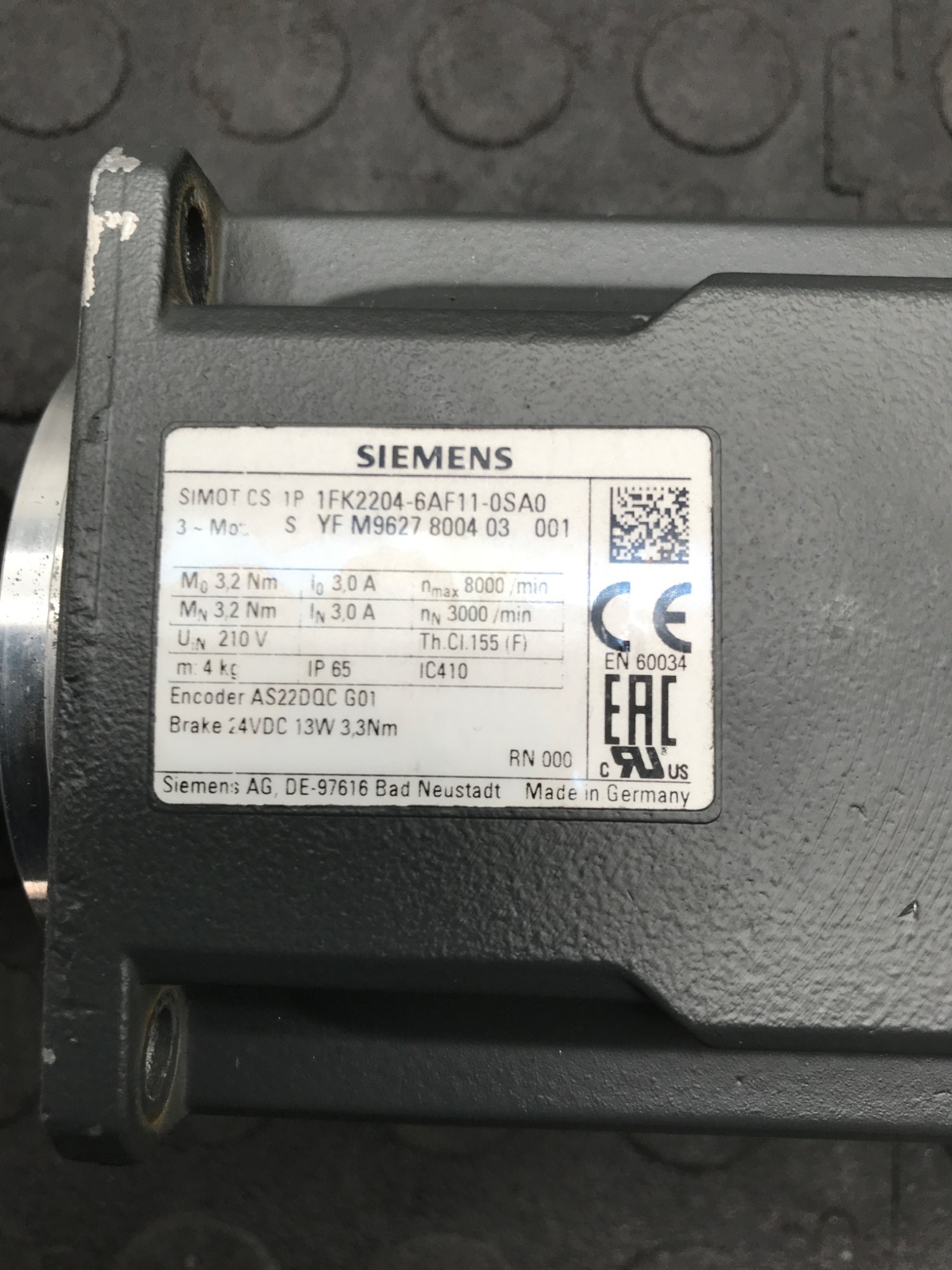 SIEMENS 1FK2204‑6AF11‑0SA0 SIMOTICS S Servo Motor USED 2