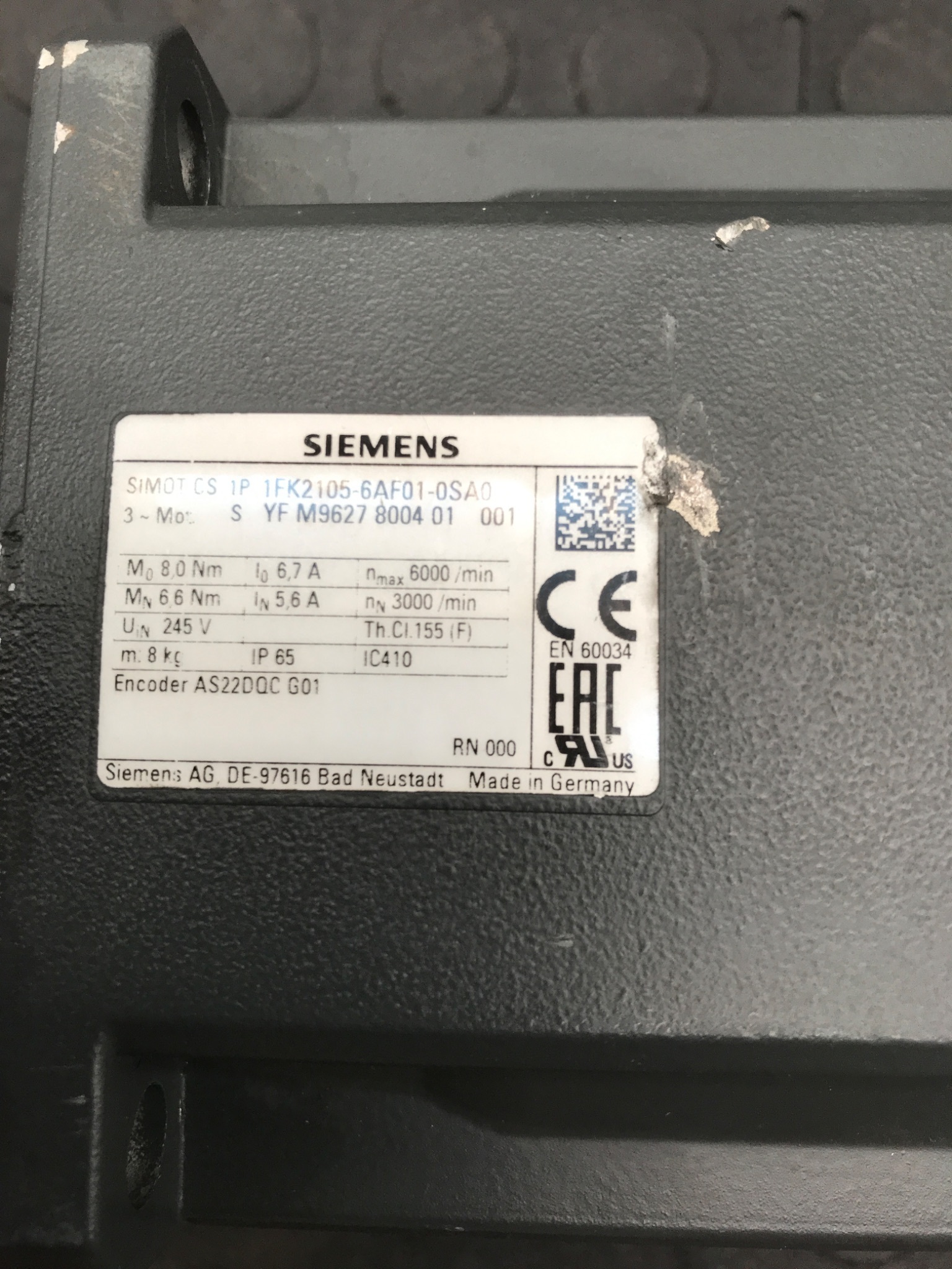 SIEMENS 1FK2105‑6AF01‑0SA0 SIMOTICS S Servo Motor USED 3