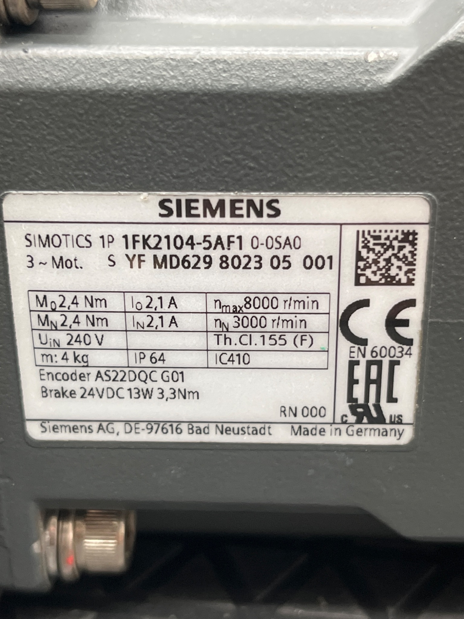 SIEMENS 1FK2104‑5AF10‑0SA0 SIMOTICS S Servo Motor w/ SESAME Gearbox USED 4