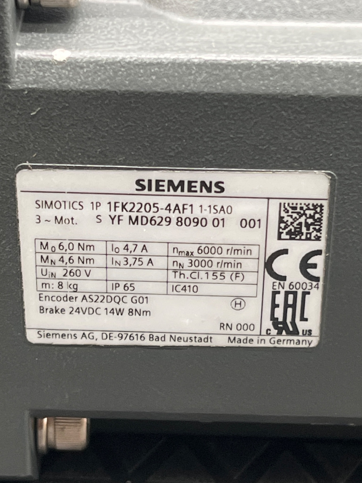 SIEMENS 1FK2205‑4AF11‑1SA0 SIMOTICS S Servo Motor w/ SESAME Gearbox USED 5