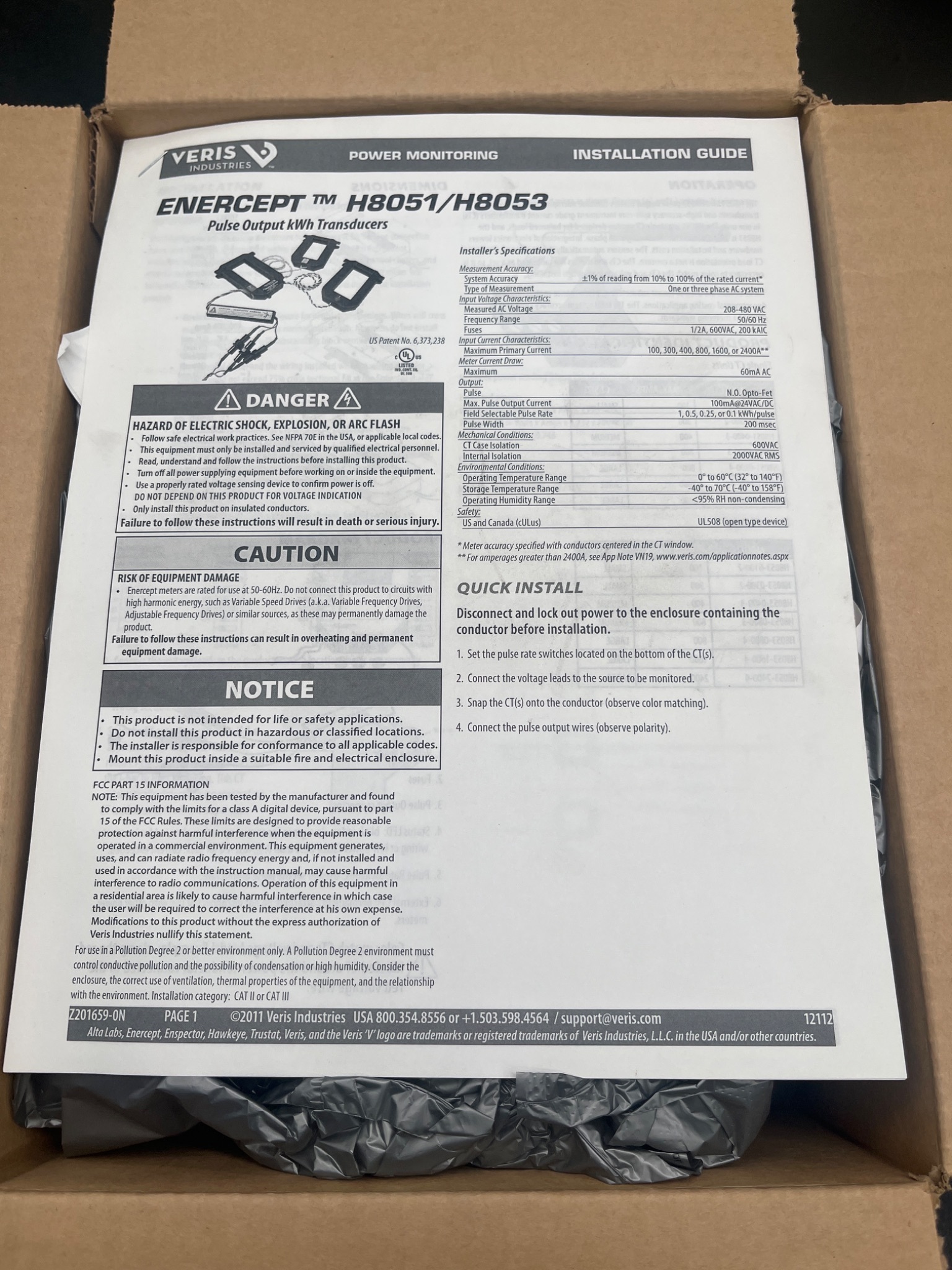 VERIS INDUSTRIES H8051‑0100‑2 Enercept H8000 Energy Meter NEW 1