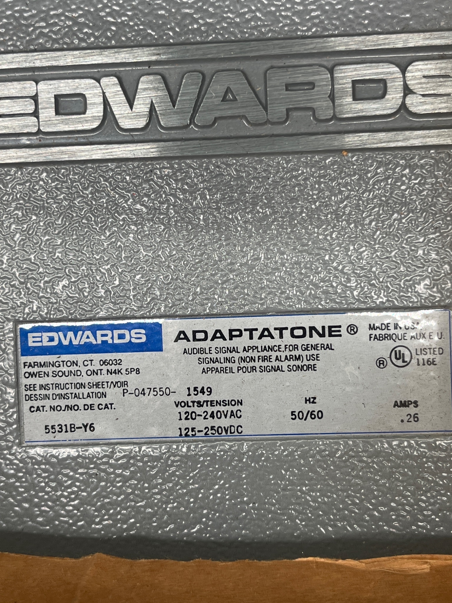EDWARDS SIGNALING 5531B‑Y6 Adaptatone Electronic Signal NEW 1