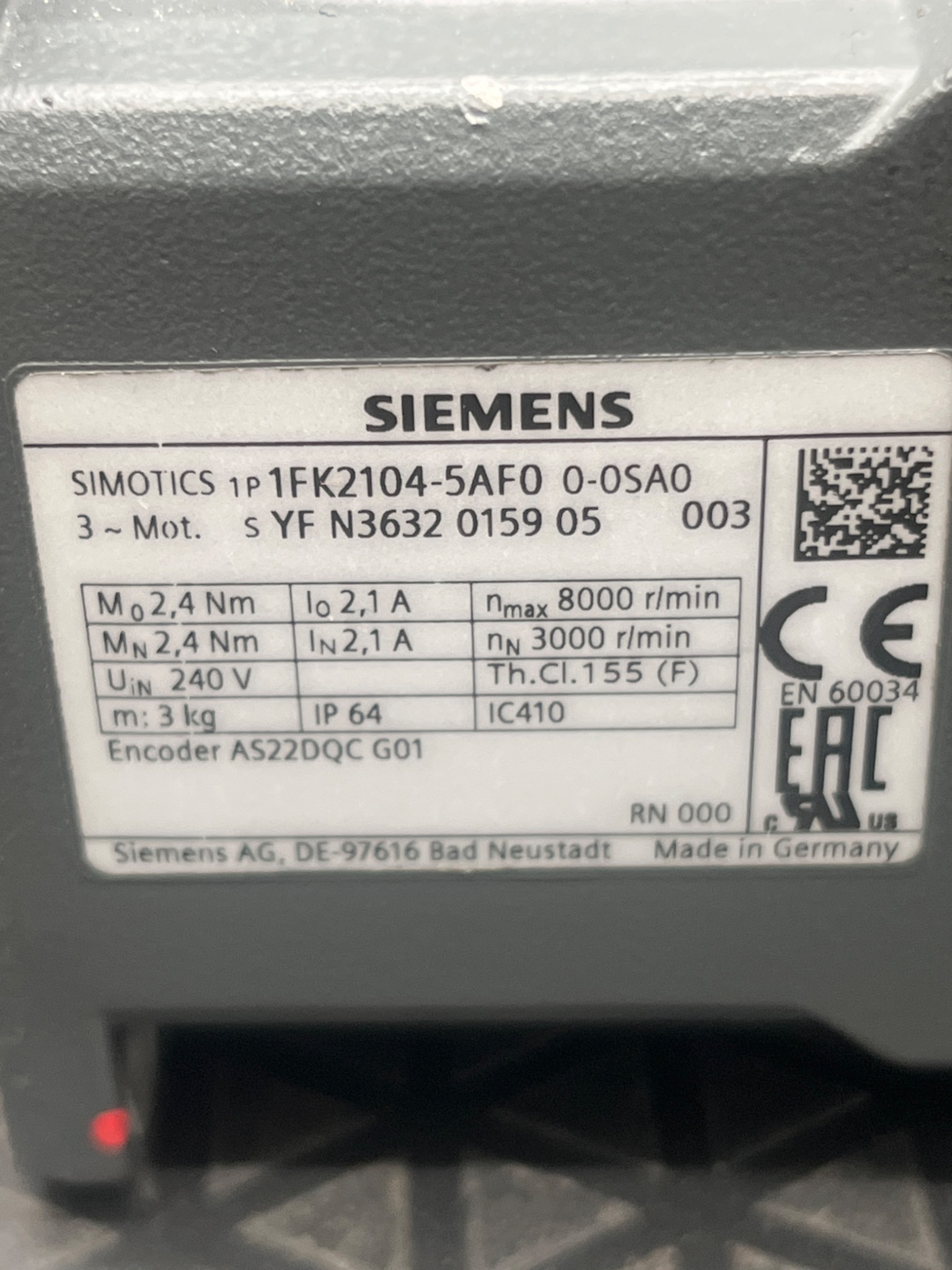 SIEMENS 1FK2104‑5AF00‑0SA0 SIMOTICS S Servo Motor USED 5