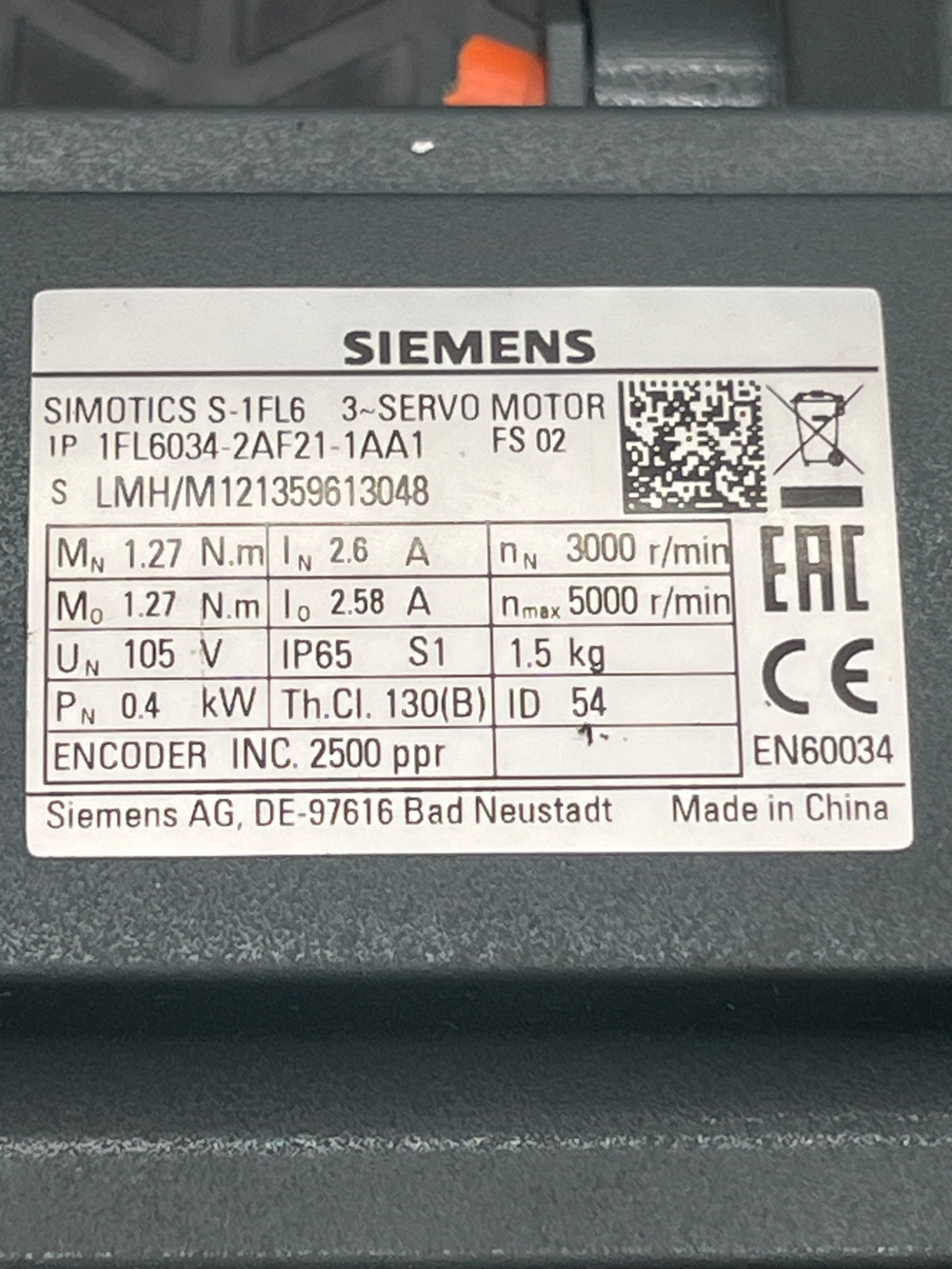 SIEMENS 1FL6034‑2AF21‑1AA1 SIMOTICS S Servo Motor USED 5