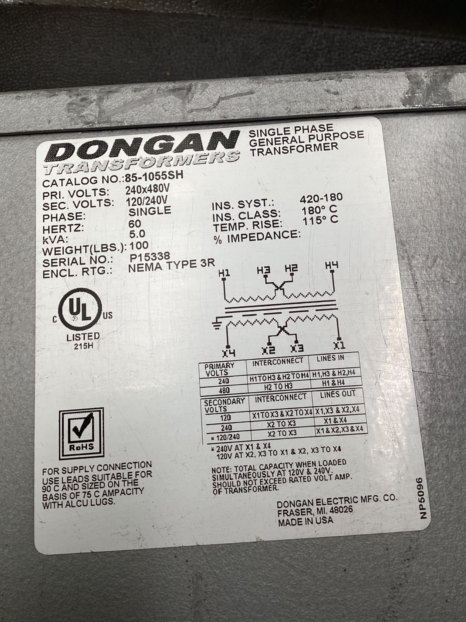 DONGAN 85-1055SH Transformer 5KVA 240x480V - 120/240V 1PH USED 4