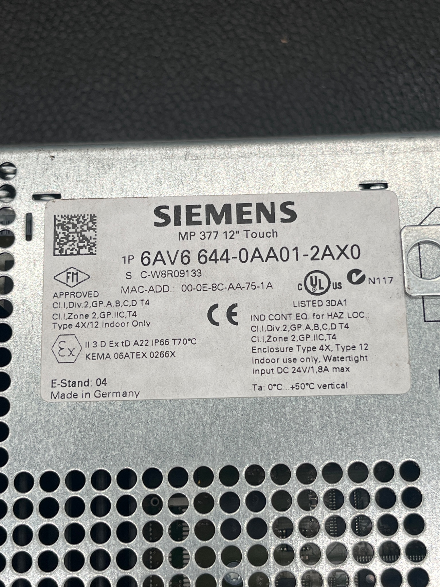 SIEMENS 6AV6644‑0AA01‑2AX0 SIMATIC MP377 12" Touch HMI USED 7
