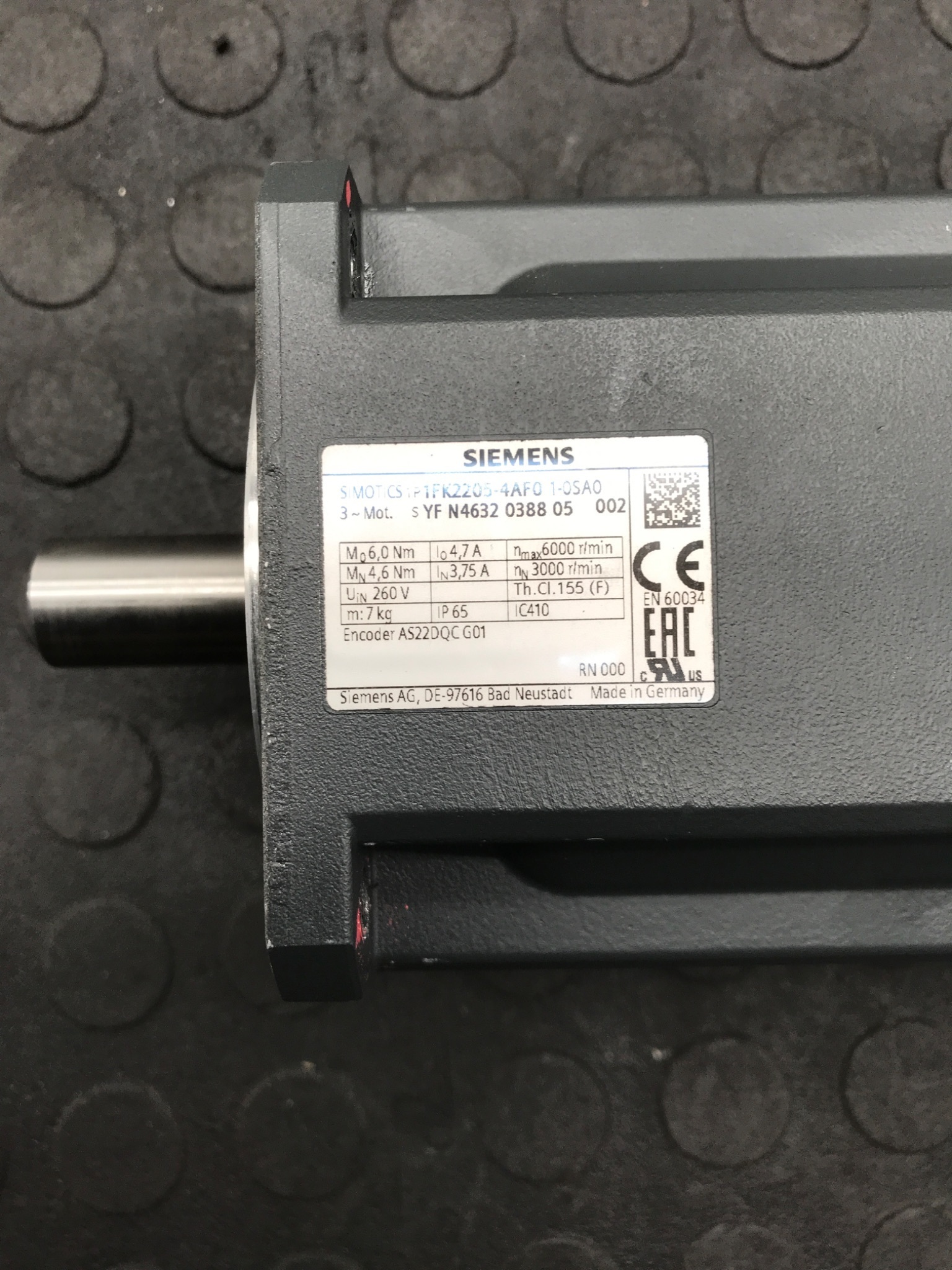 SIEMENS 1FK2205‑4AF01‑0SA0 SIMOTICS S Servo Motor USED 2