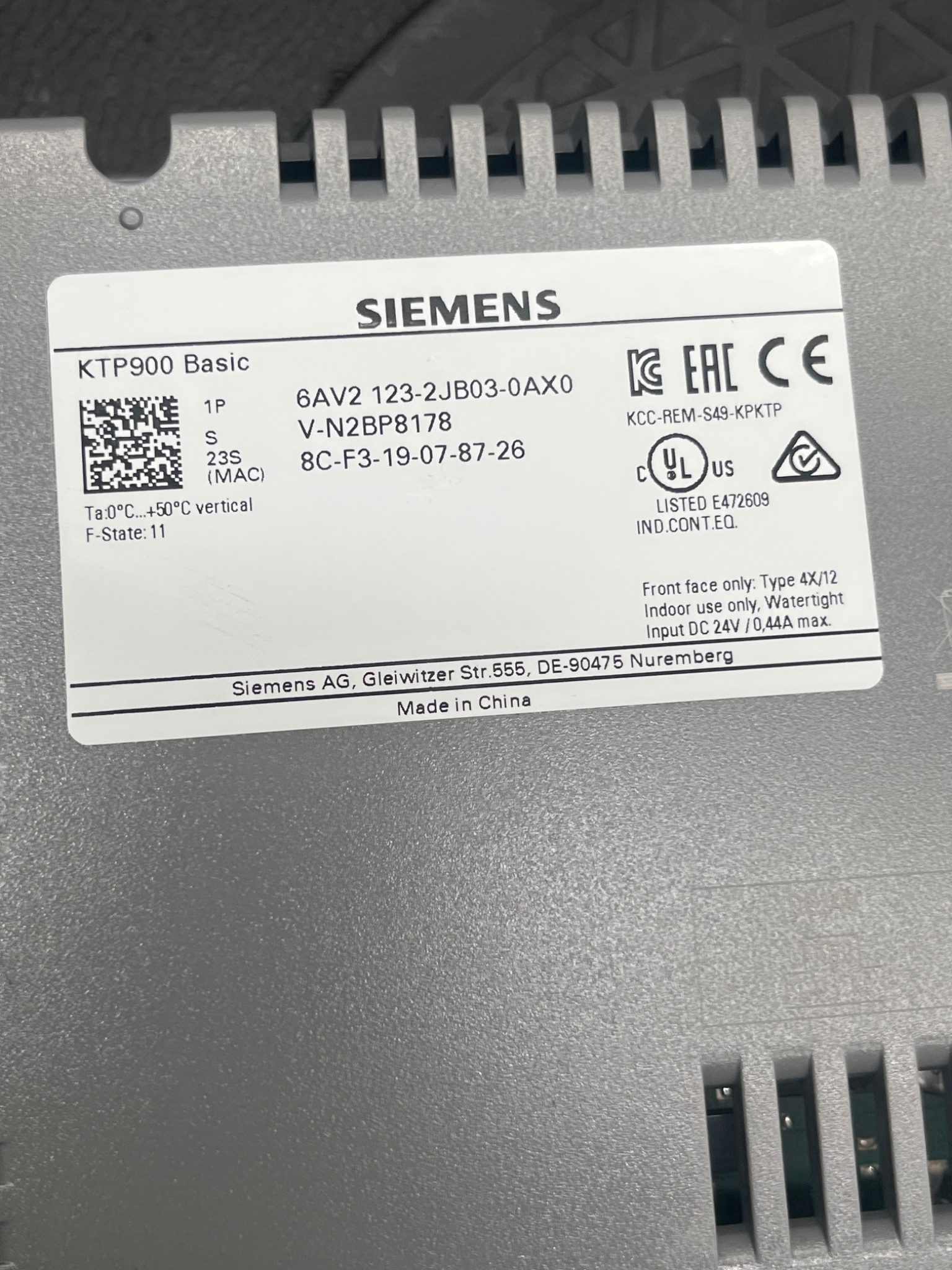 SIEMENS 6AV2123‑2JB03‑0AX0 SIMATIC KTP900 Basic HMI Touch Panel USED 6