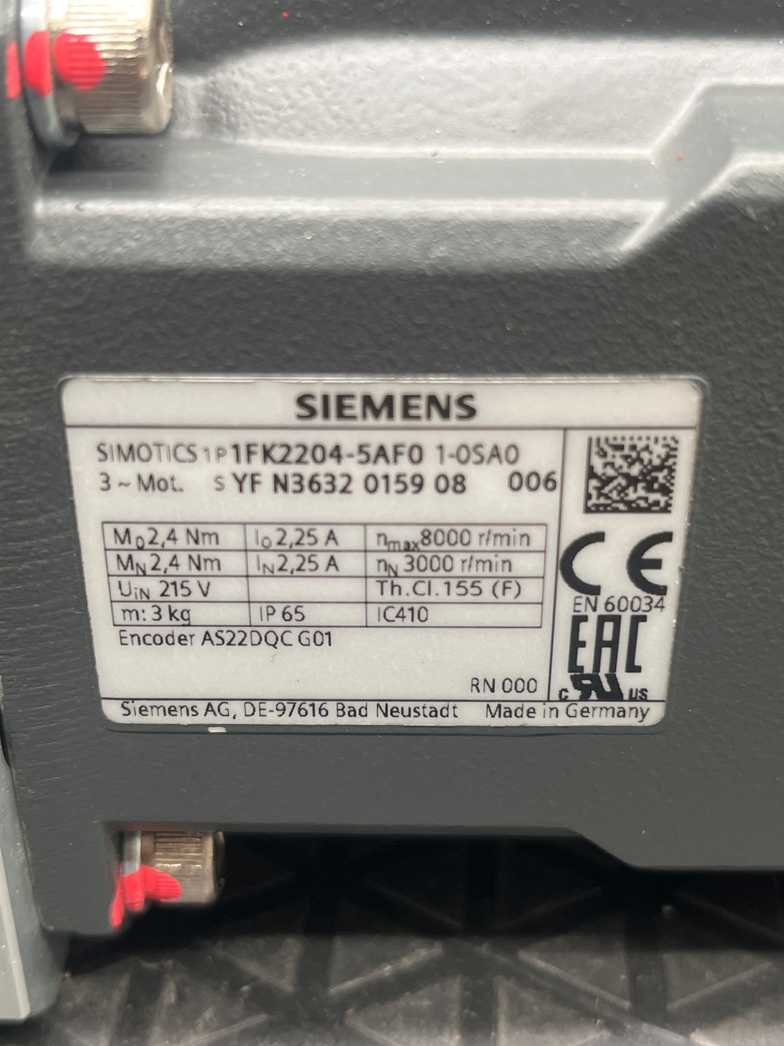 SIEMENS 1FK2204‑5AF01‑0SA0 SIMOTICS S Servo Motor w/ SESAME Drive Adapter USED 6