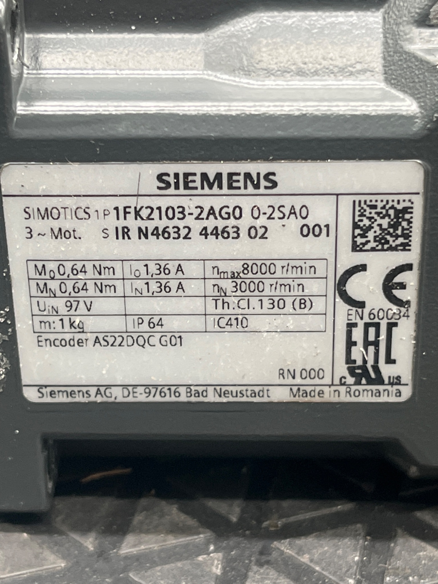 SIEMENS 1FK2103-2AG00-2SA0 SIMOTICS S Servo Motor USED 5