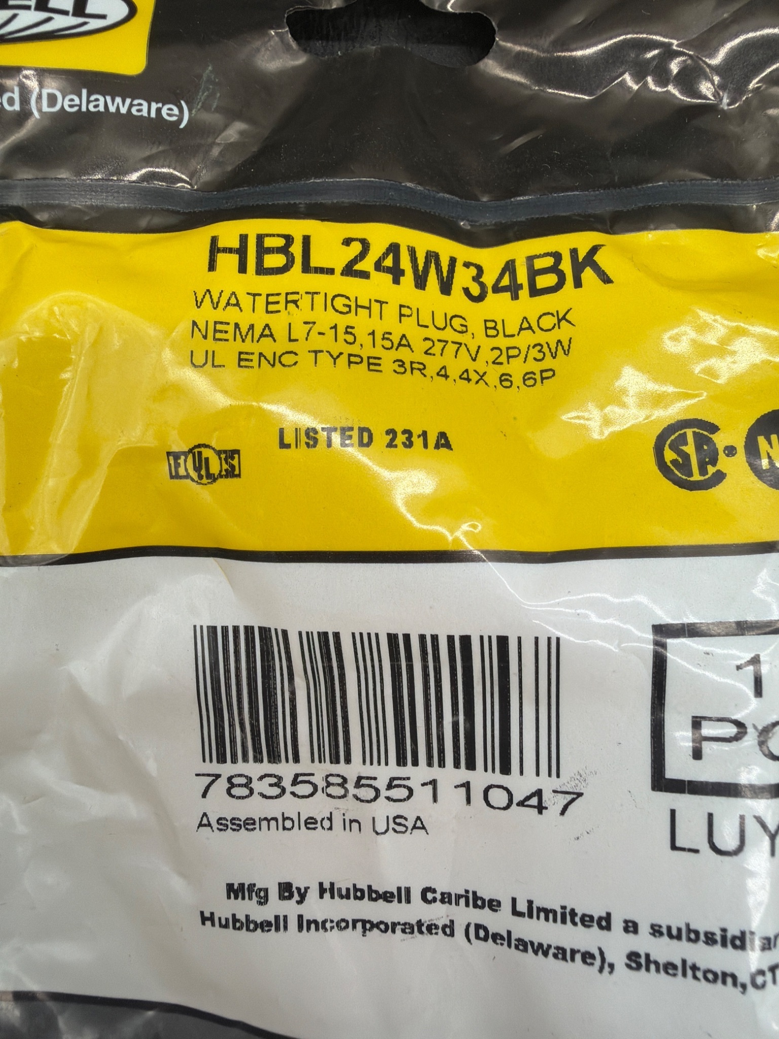 HUBBELL HBL24W34BK Watertight Plug NEMA L7‑15 15A 277V NEW 1