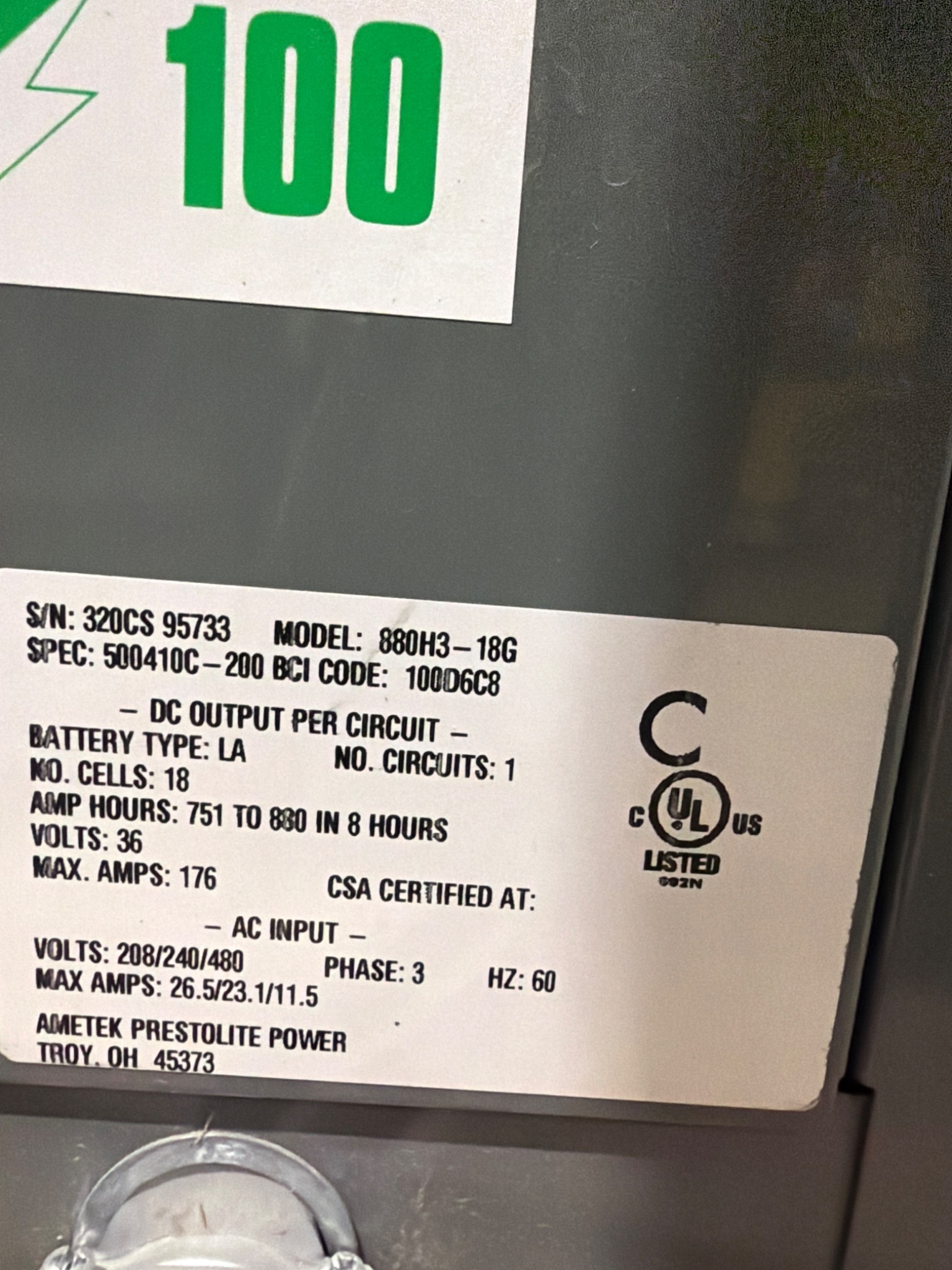 AMETEK 880H3‑18G Battery‑Mate Industrial Battery Charger 36V USED 4