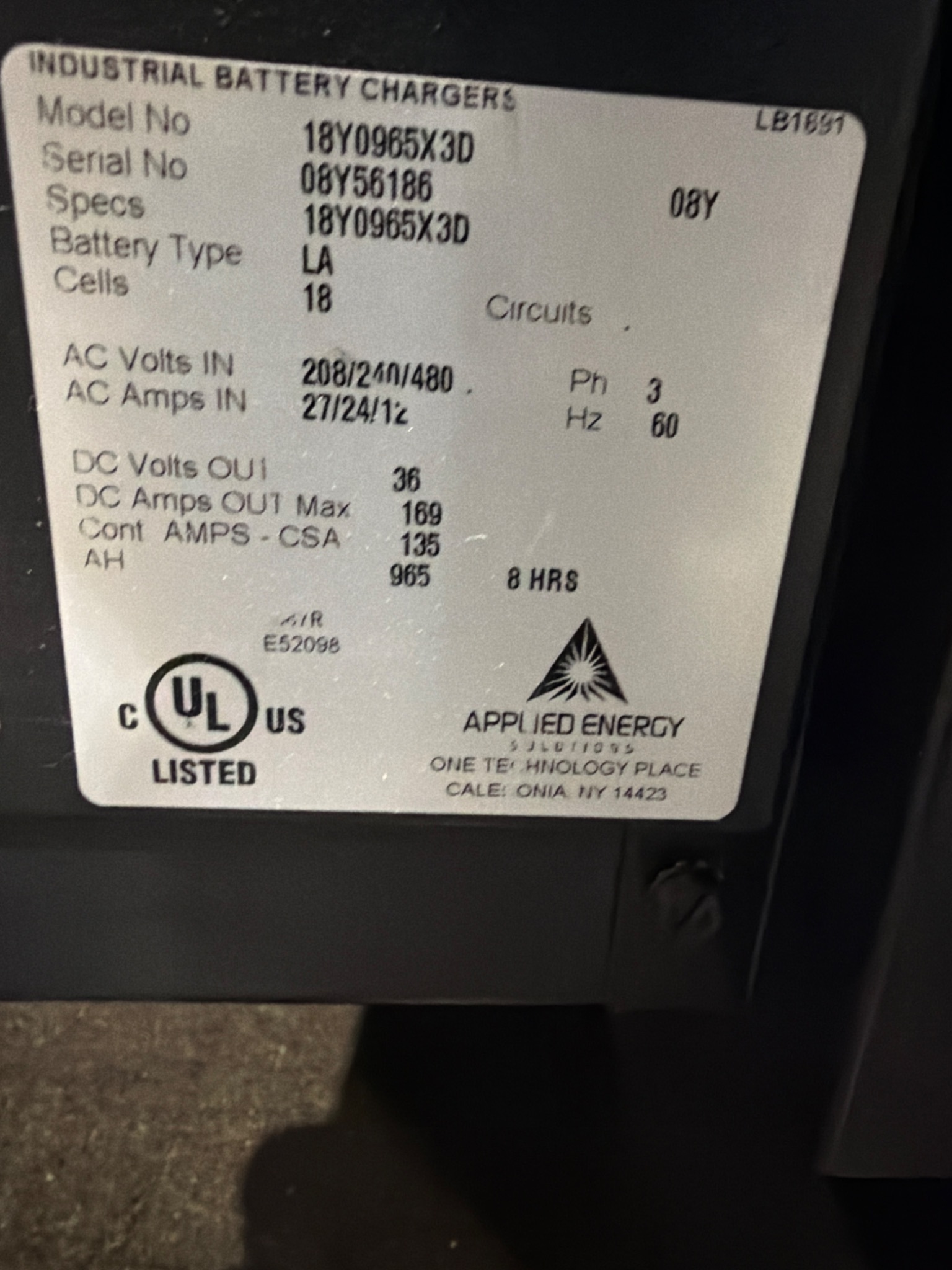 APPLIED ENERGY SOLUTIONS 18Y0965X3D WorkHorse Series 3 Battery Charger 36V USED 5