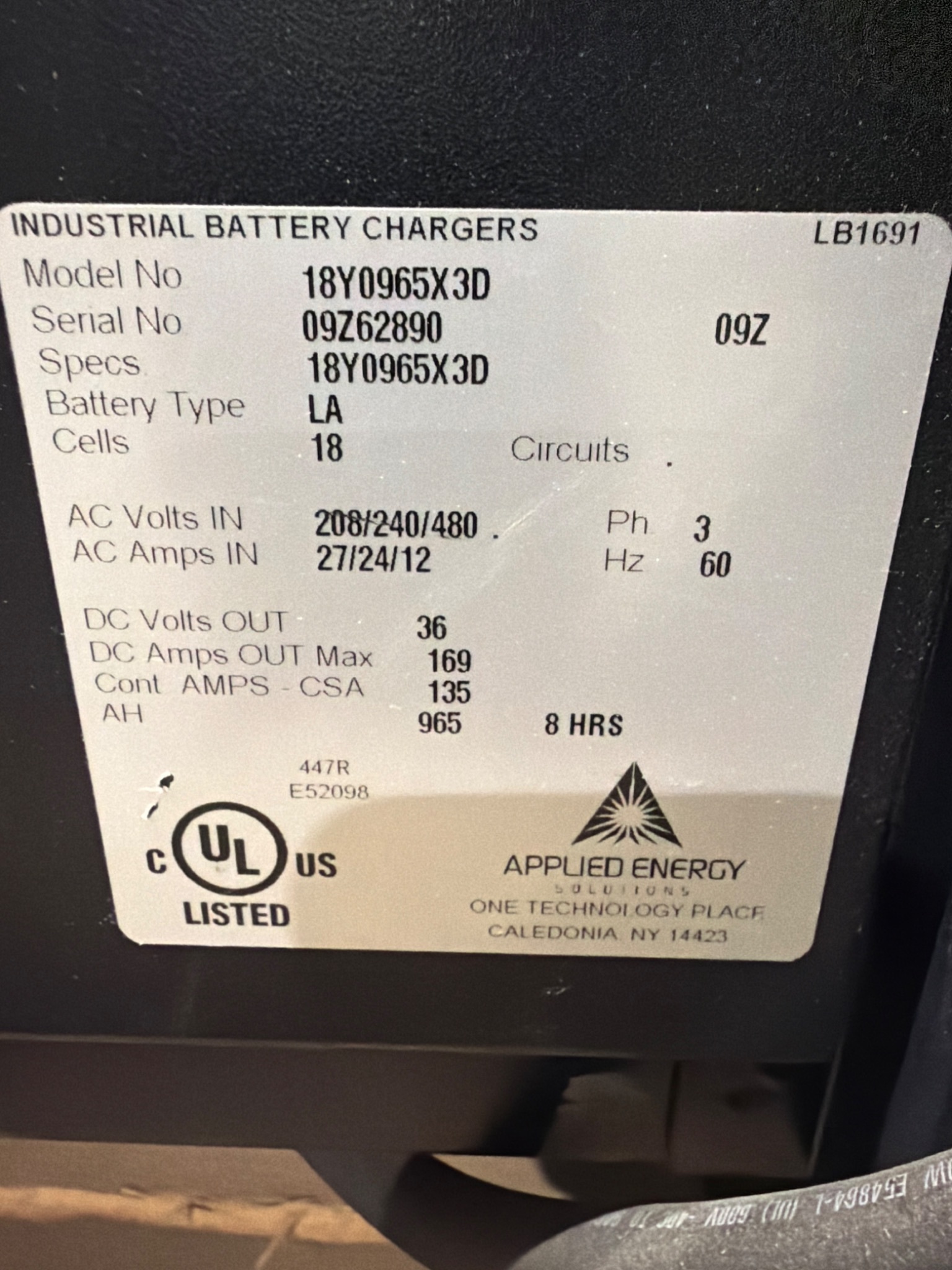 APPLIED ENERGY SOLUTIONS 18Y0965X3D WorkHorse Series 3 Battery Charger 36V USED 5