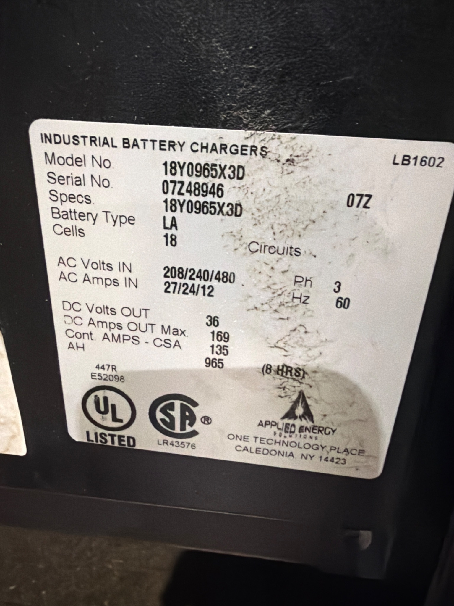 APPLIED ENERGY SOLUTIONS 18Y0965X3D WorkHorse Series 3 Battery Charger 36V USED 4
