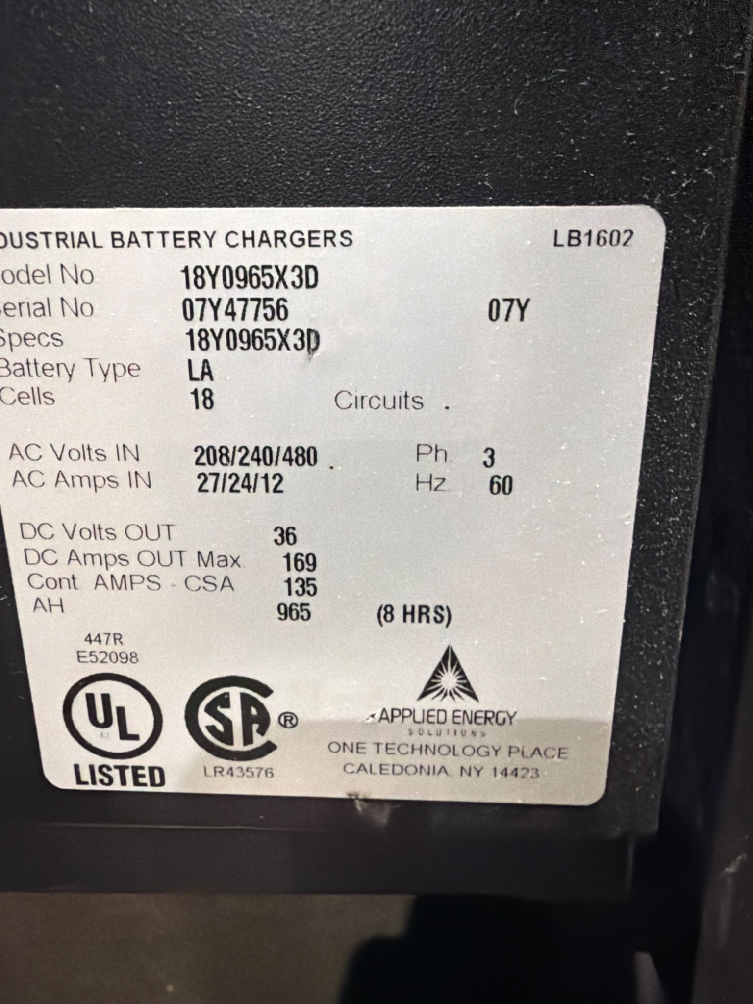APPLIED ENERGY SOLUTIONS 18Y0965X3D WorkHorse Series 3 Battery Charger 36V USED 5