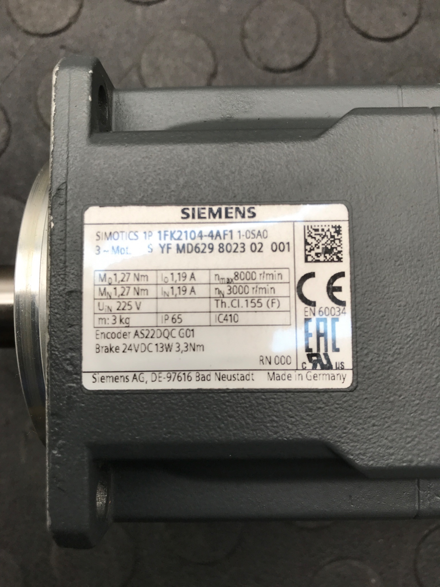 SIEMENS 1FK2104‑4AF11‑0SA0 SIMOTICS S Servo Motor USED 2