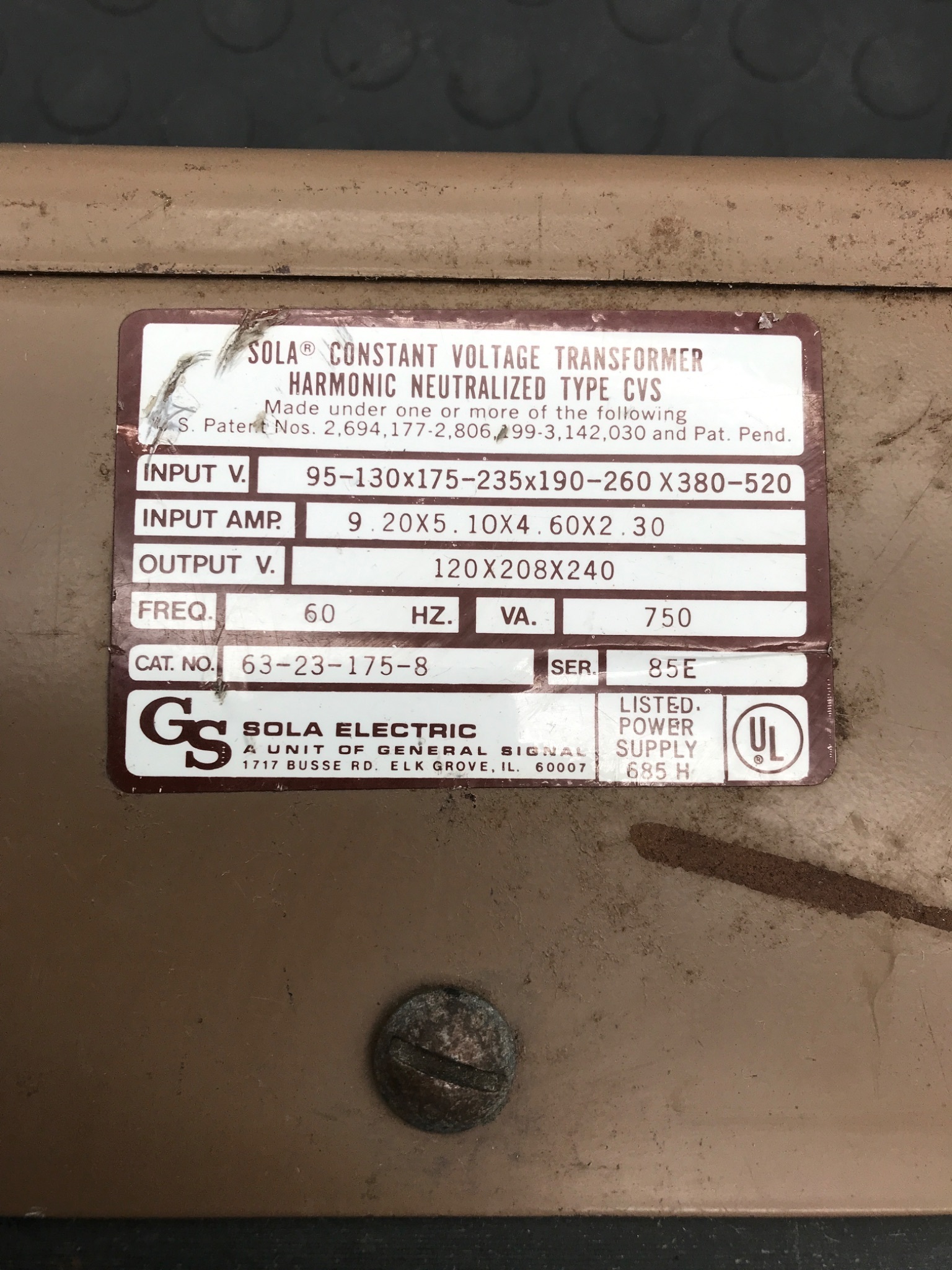 SOLA ELECTRIC 63‑23‑175‑8 Constant Voltage Transformer USED 1