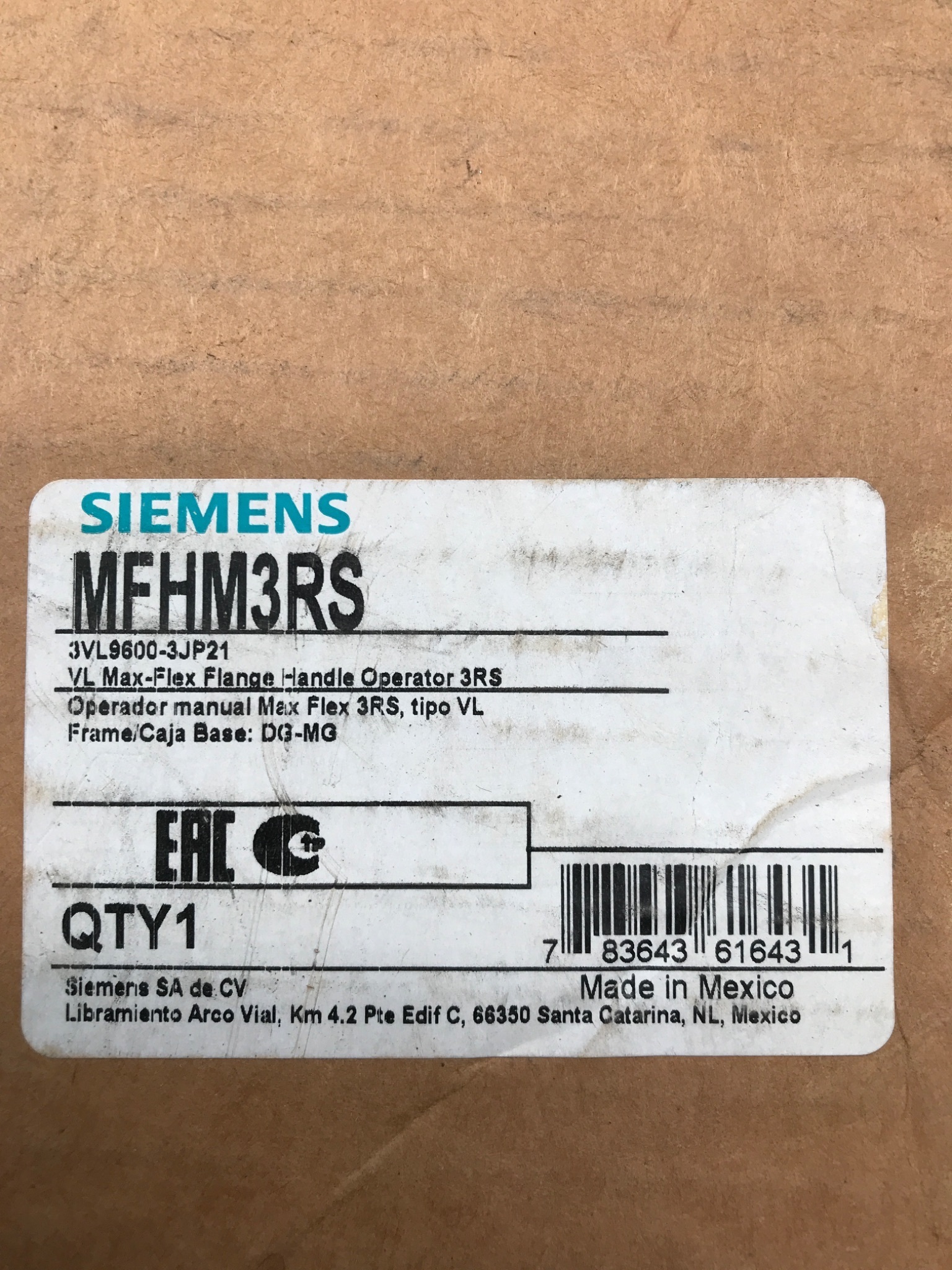 SIEMENS MFHM3RS VL Max‑Flex Flange Handle Operator NEW 3