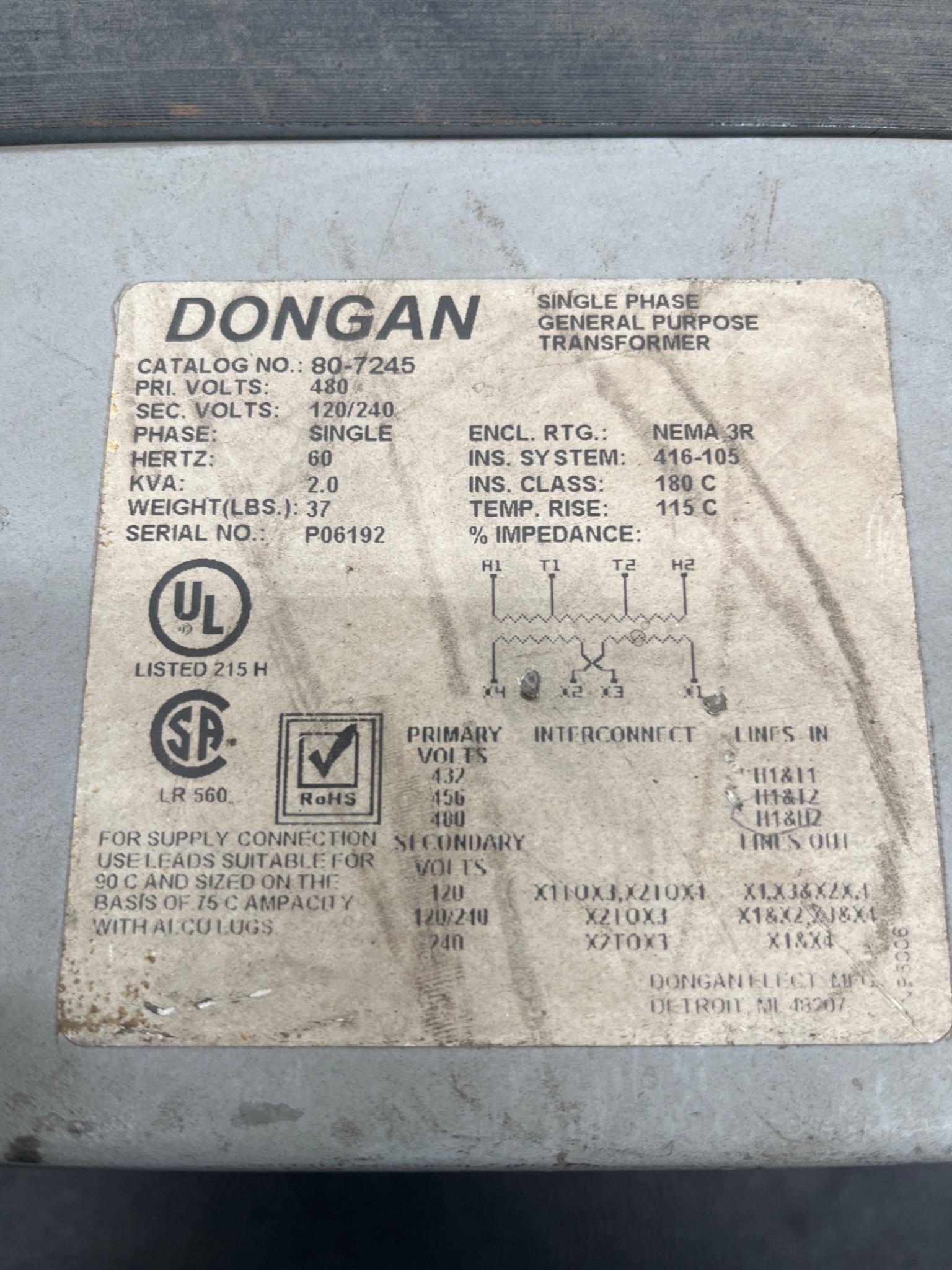 DONGAN 80‑7245 Single‑Phase General Purpose Transformer USED 5